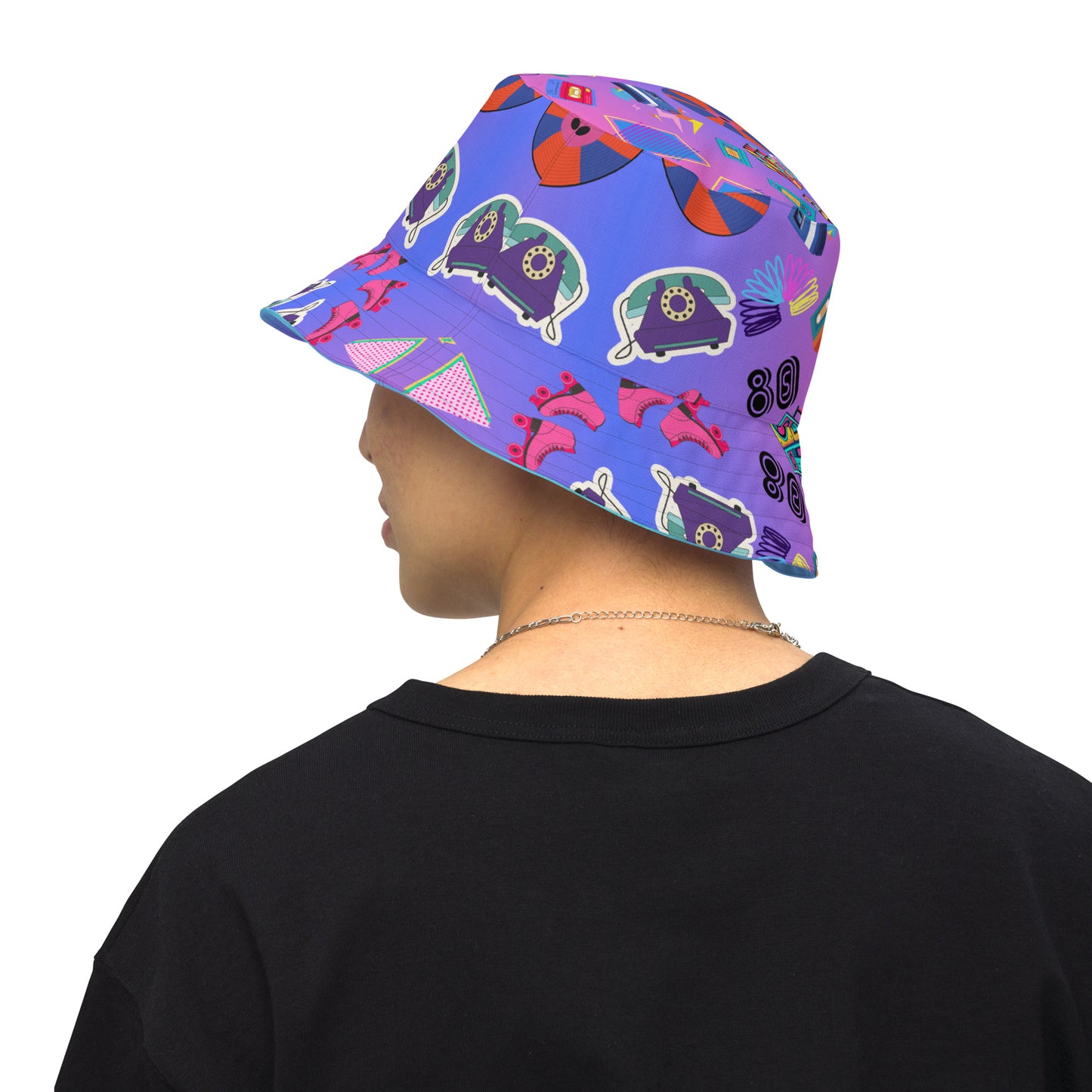 Reversible retro bucket hat with 80s pattern and gradient design by Hipyfi Clothes & Design back-outside