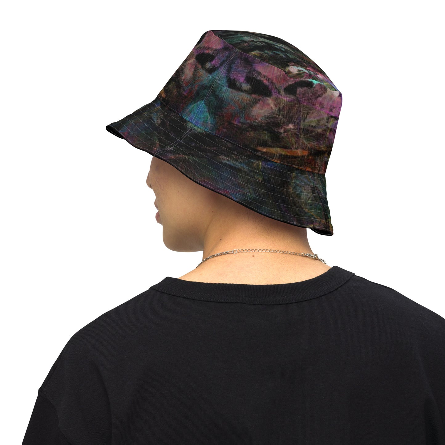 Hipyfi Chromatic Dreams Reversible Bucket Hat: Vibrant modern art print, unisex design. Lightweight & breathable for festivals. men back-outside