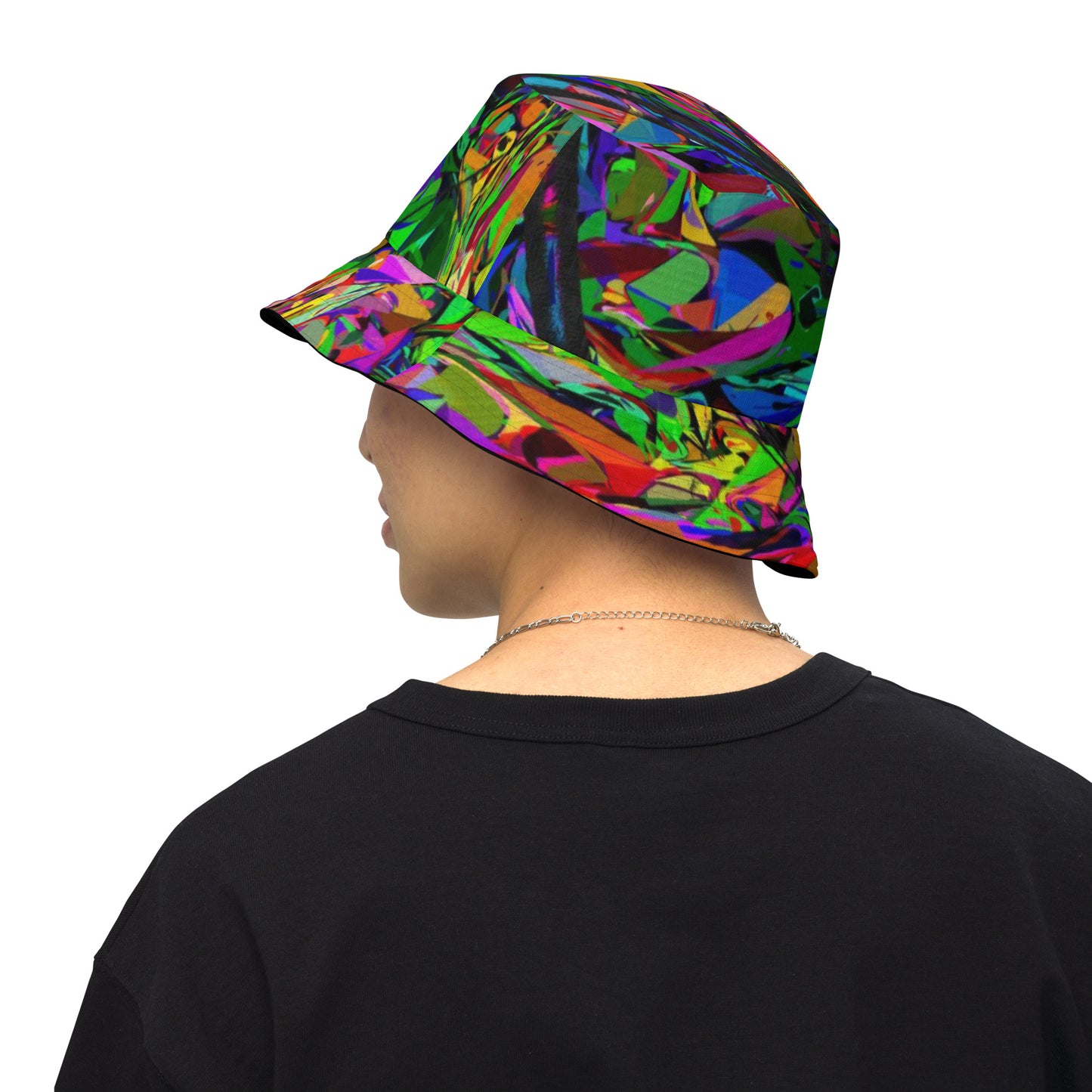 Neon Mythos reversible bucket hat with abstract multicolor streetwear design, unisex fit by Hipyfi Clothes & Design. back-outside