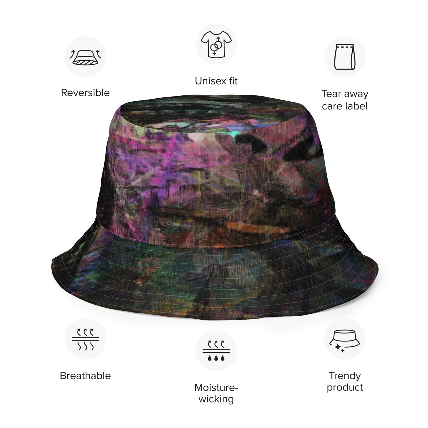 Hipyfi Chromatic Dreams Reversible Bucket Hat: Vibrant modern art print, unisex design. Lightweight & breathable for festivals. outside Product-info
