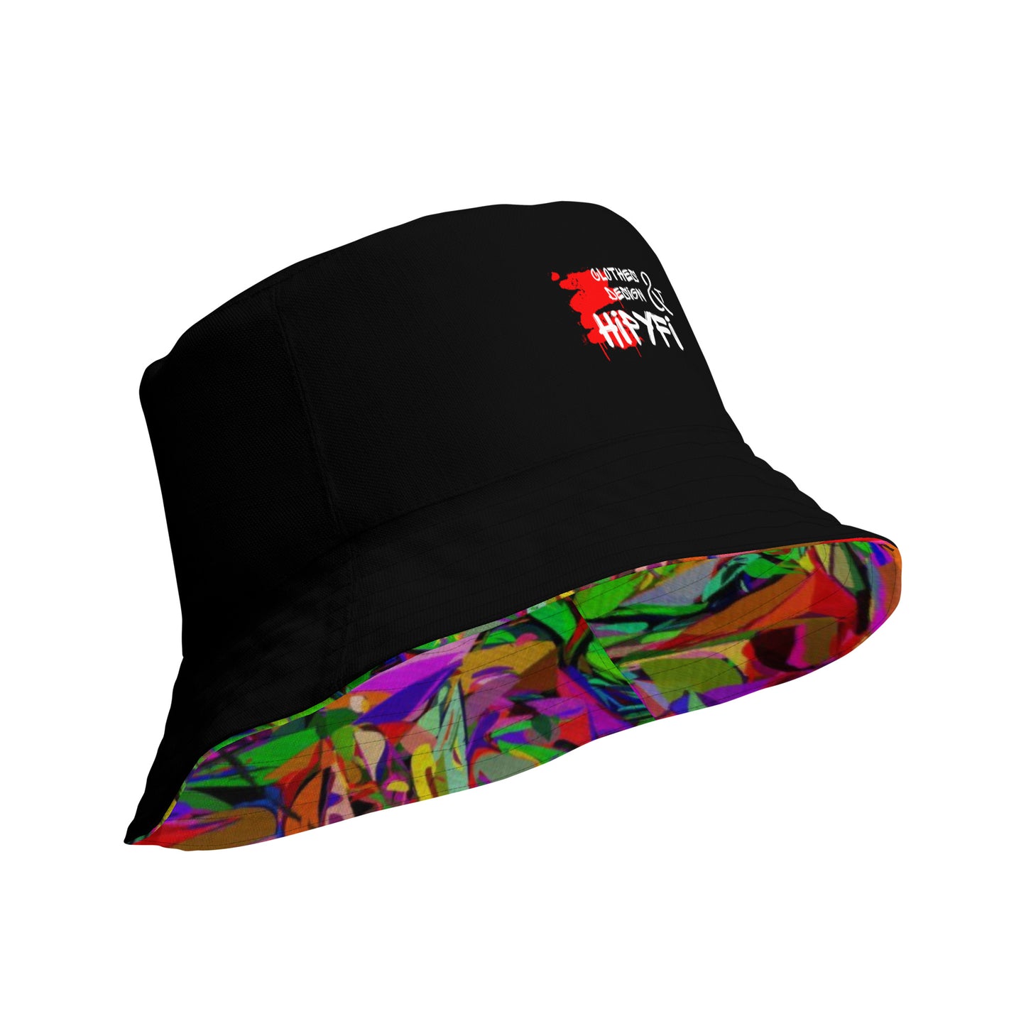 Neon Mythos reversible bucket hat with abstract multicolor streetwear design, unisex fit by Hipyfi Clothes & Design. product-details-inside