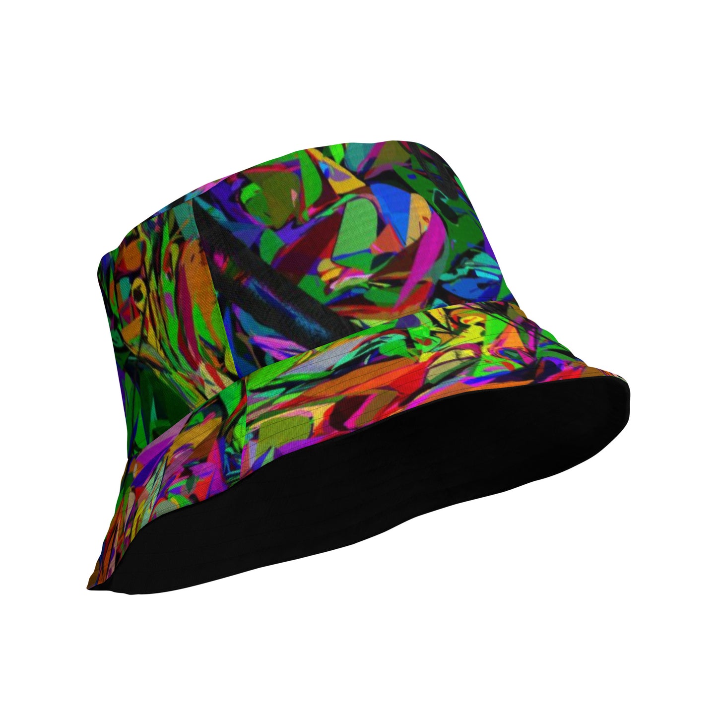 Neon Mythos reversible bucket hat with abstract multicolor streetwear design, unisex fit by Hipyfi Clothes & Design. product-details-outside