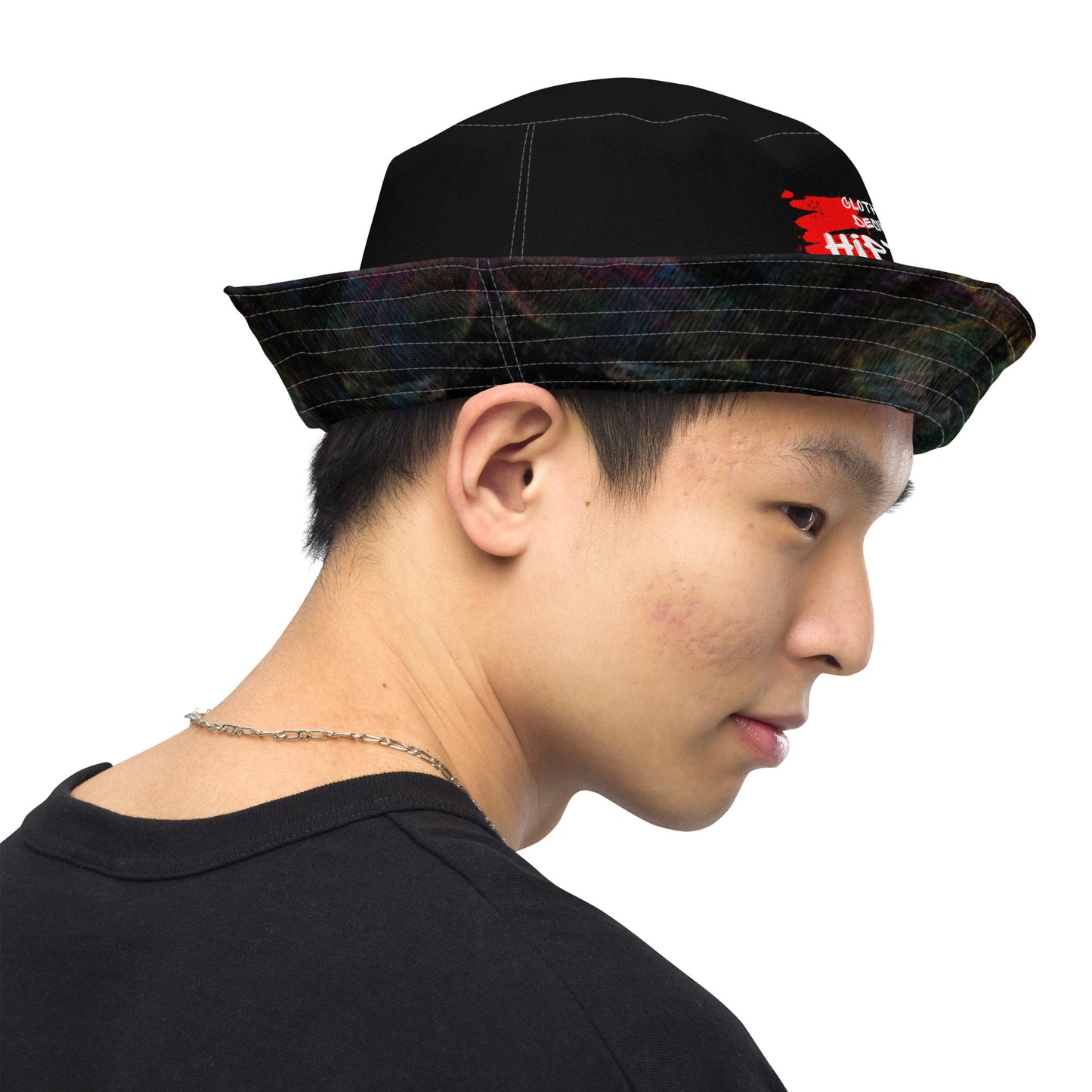 Hipyfi Chromatic Dreams Reversible Bucket Hat: Vibrant modern art print, unisex design. Lightweight & breathable for festivals. men right-inside