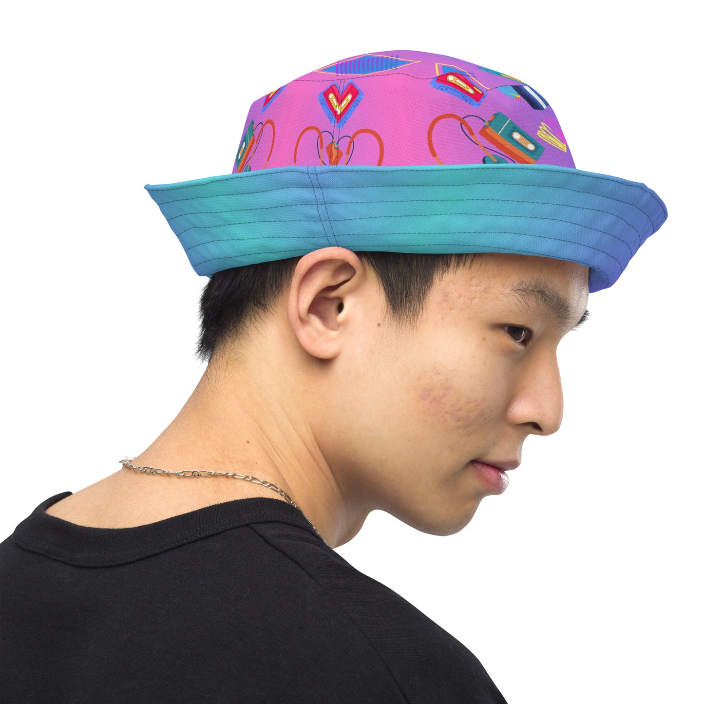 Reversible retro bucket hat with 80s pattern and gradient design by Hipyfi Clothes & Design right-outside-3