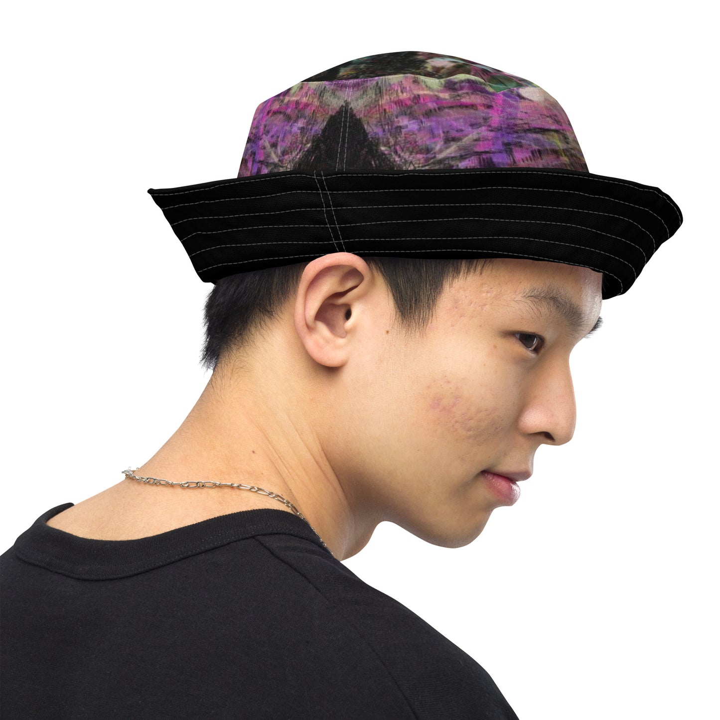 Hipyfi Chromatic Dreams Reversible Bucket Hat: Vibrant modern art print, unisex design. Lightweight & breathable for festivals. men right-outside