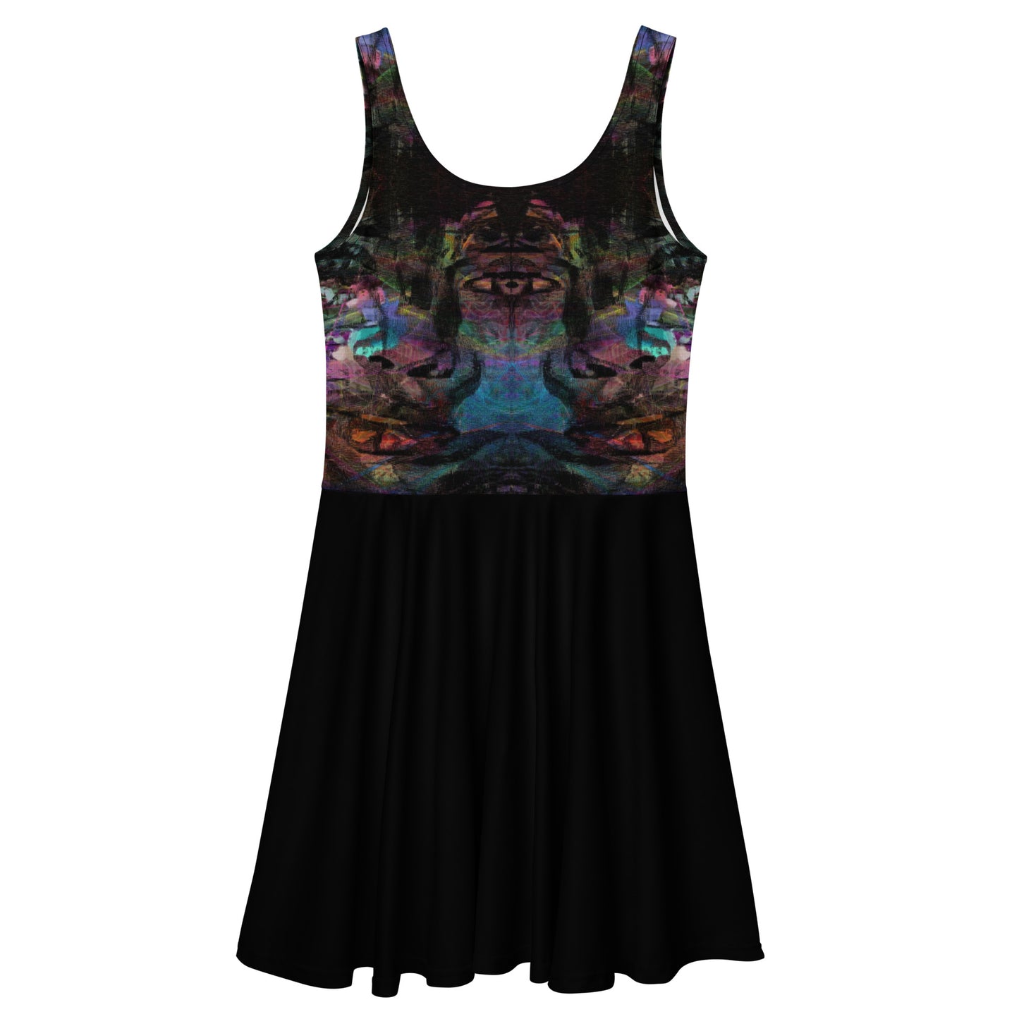 Women’s bold trendy abstract sleeveless skater dress with vibrant digital print. Flared mid-thigh skirt, elastic waistline, and UPF 50+ fabric by Hipyfi. back-3