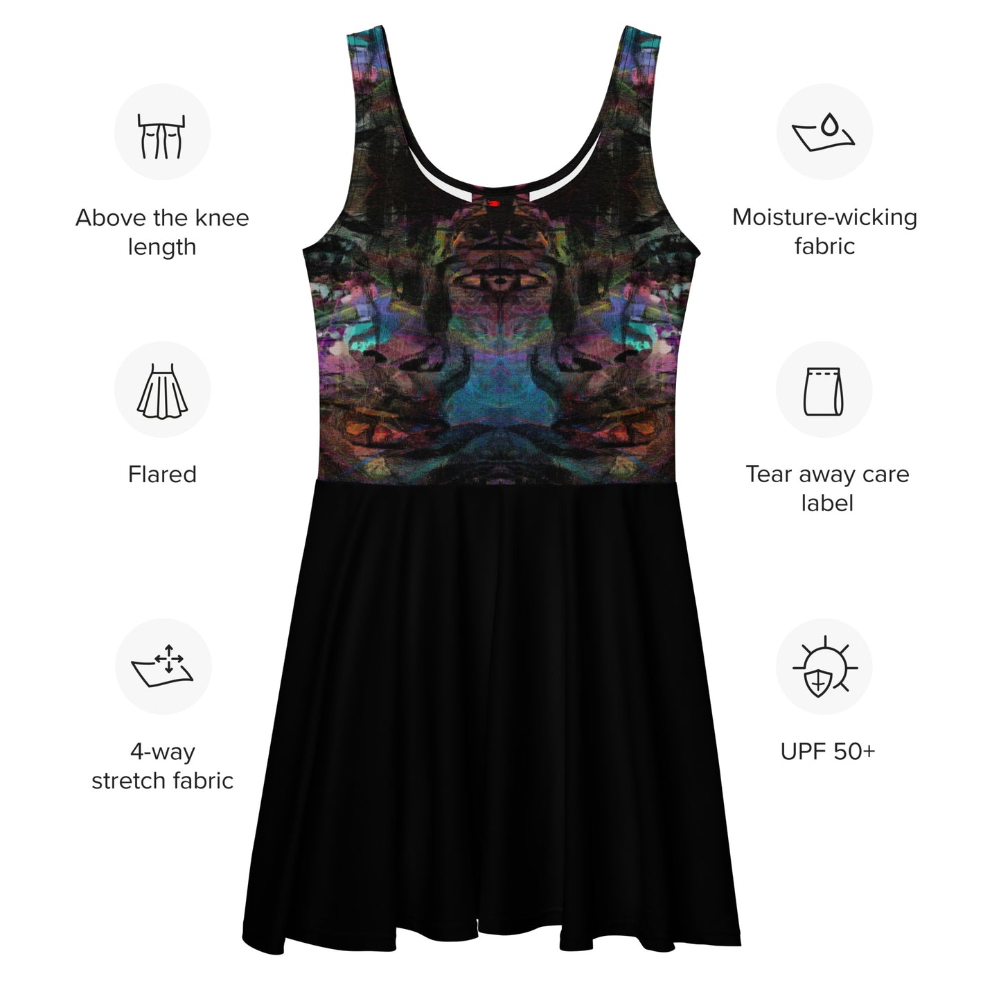 Women’s bold trendy abstract sleeveless skater dress with vibrant digital print. Flared mid-thigh skirt, elastic waistline, and UPF 50+ fabric by Hipyfi. product-info