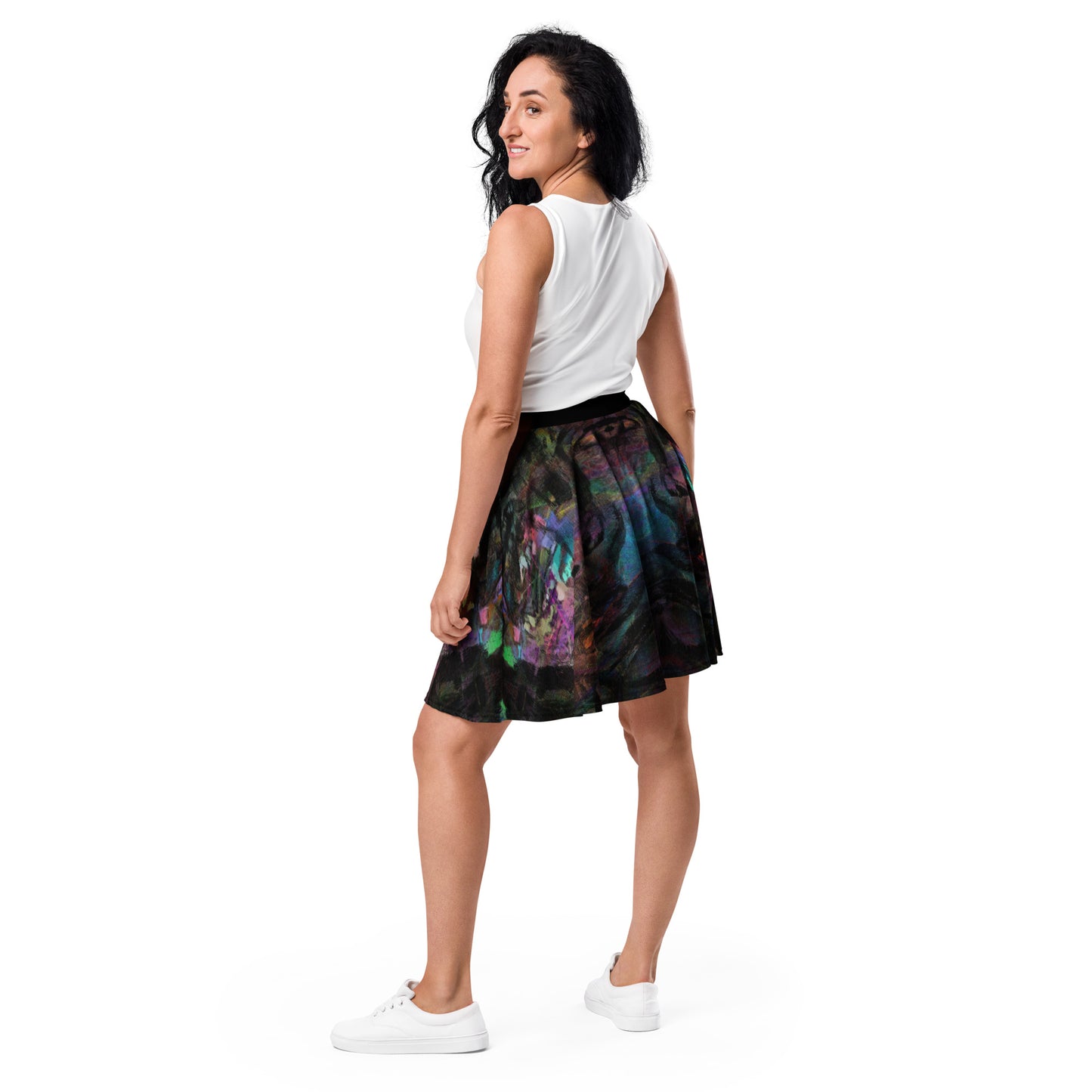 Women's Hipyfi Chromatic Dreams Skater Skirt: Vibrant abstract print, elastic waist, flared streetwear design. Back-3