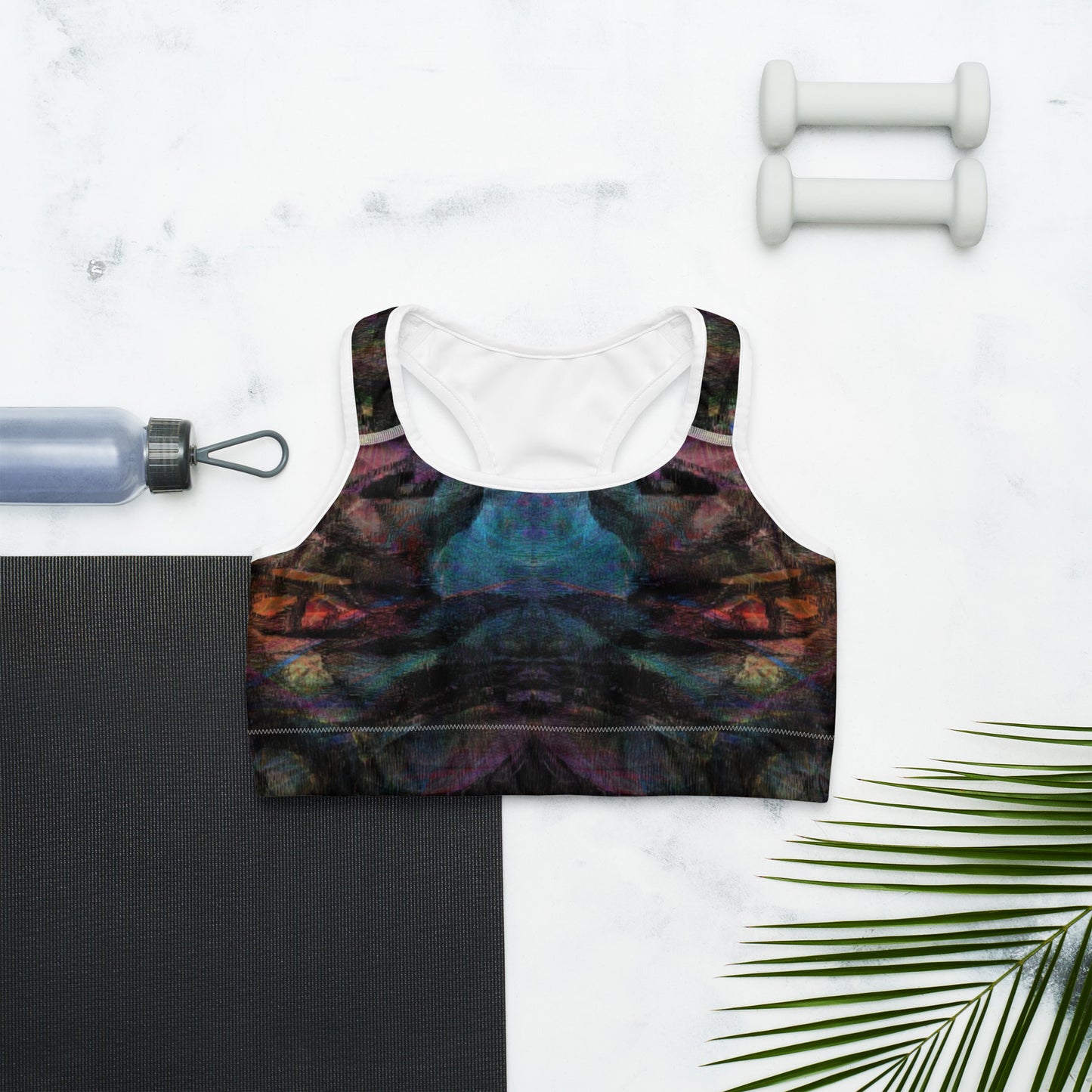 Chromatic Dreams Sports Bra, featuring a scoop neckline, racerback design, and moisture-wicking fabric for medium-support workouts. front