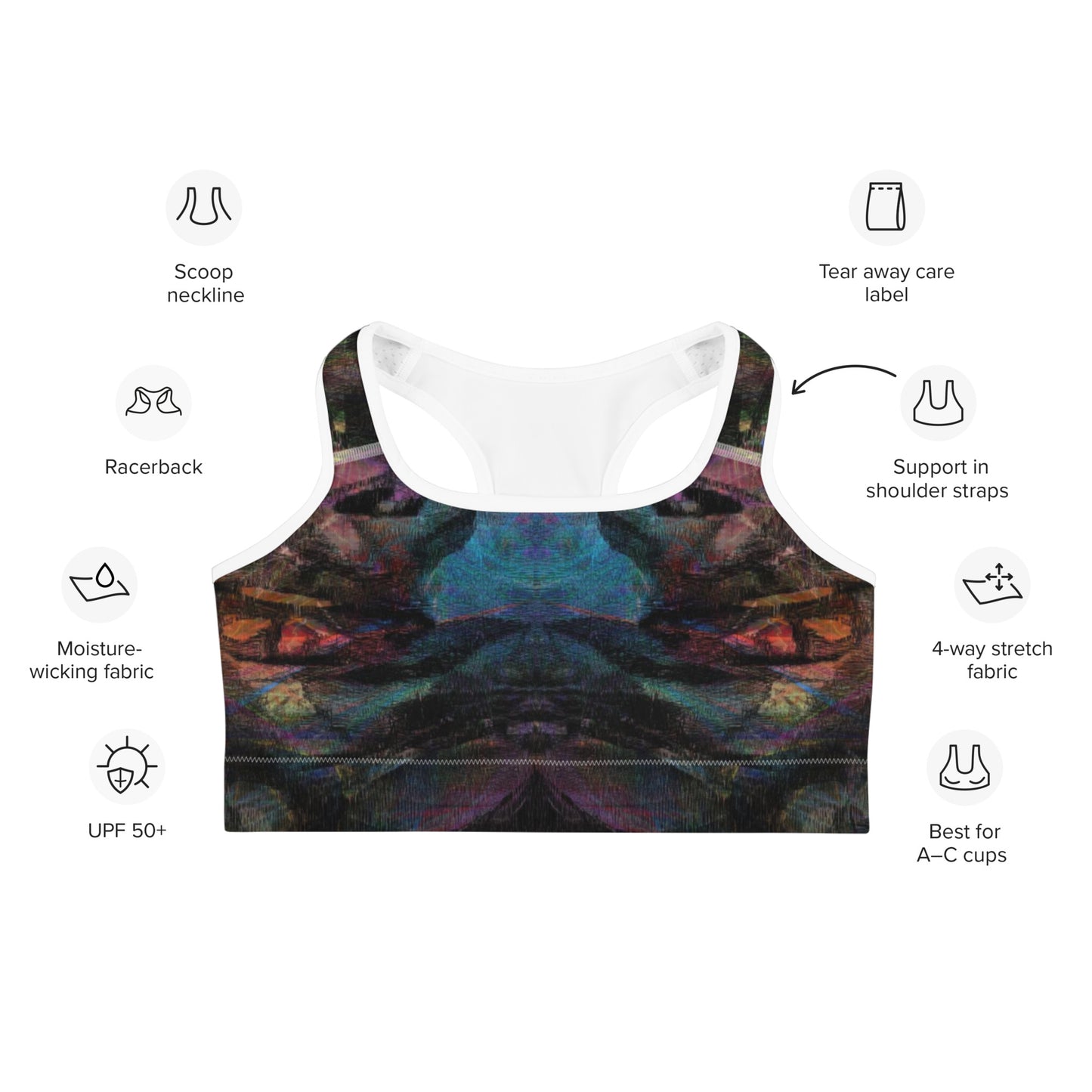 Chromatic Dreams Sports Bra, featuring a scoop neckline, racerback design, and moisture-wicking fabric for medium-support workouts. product-info