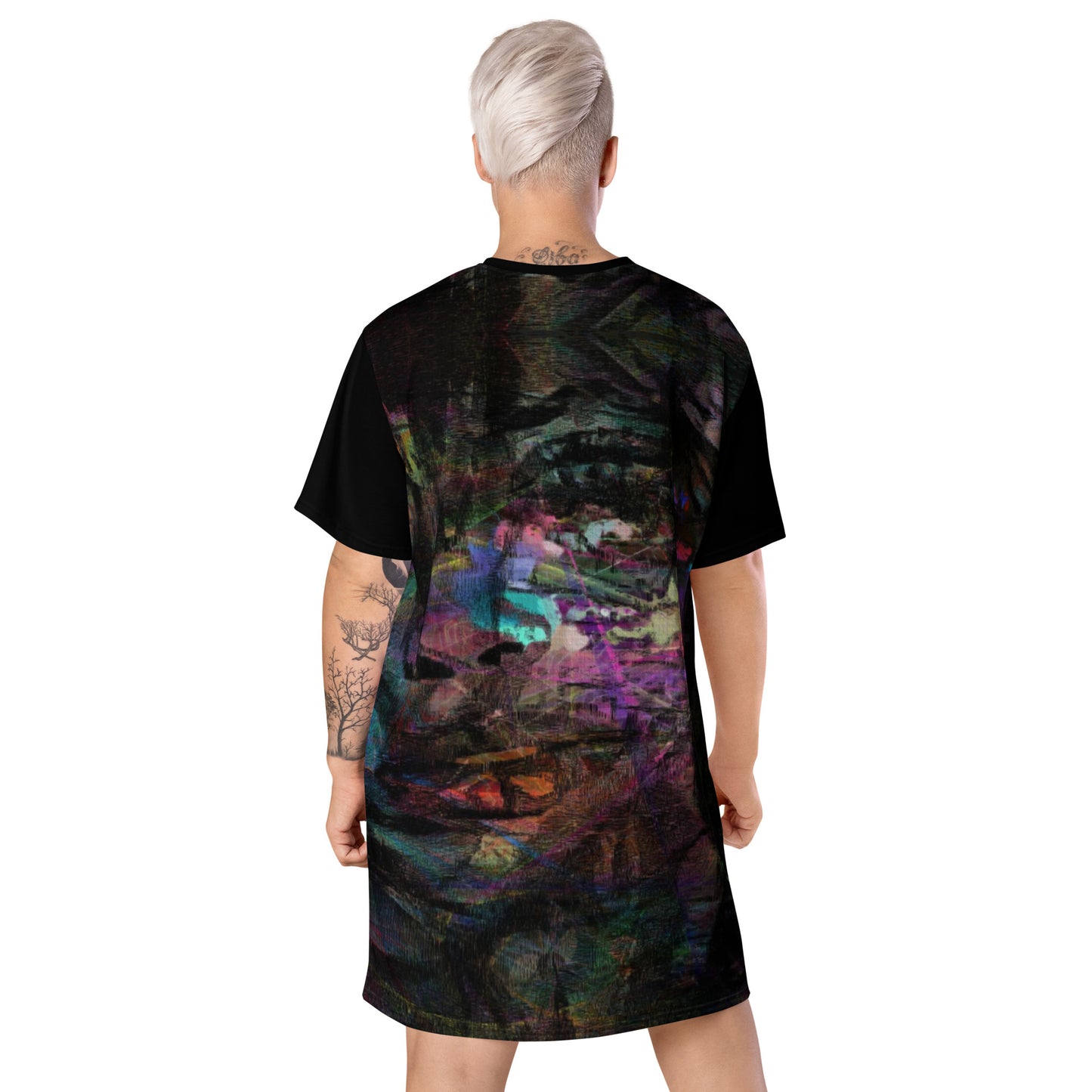 Hipyfi Chromatic Dreams T-Shirt Dress’s abstract graphic print, for the Bold & Conscious Woman. back-2
