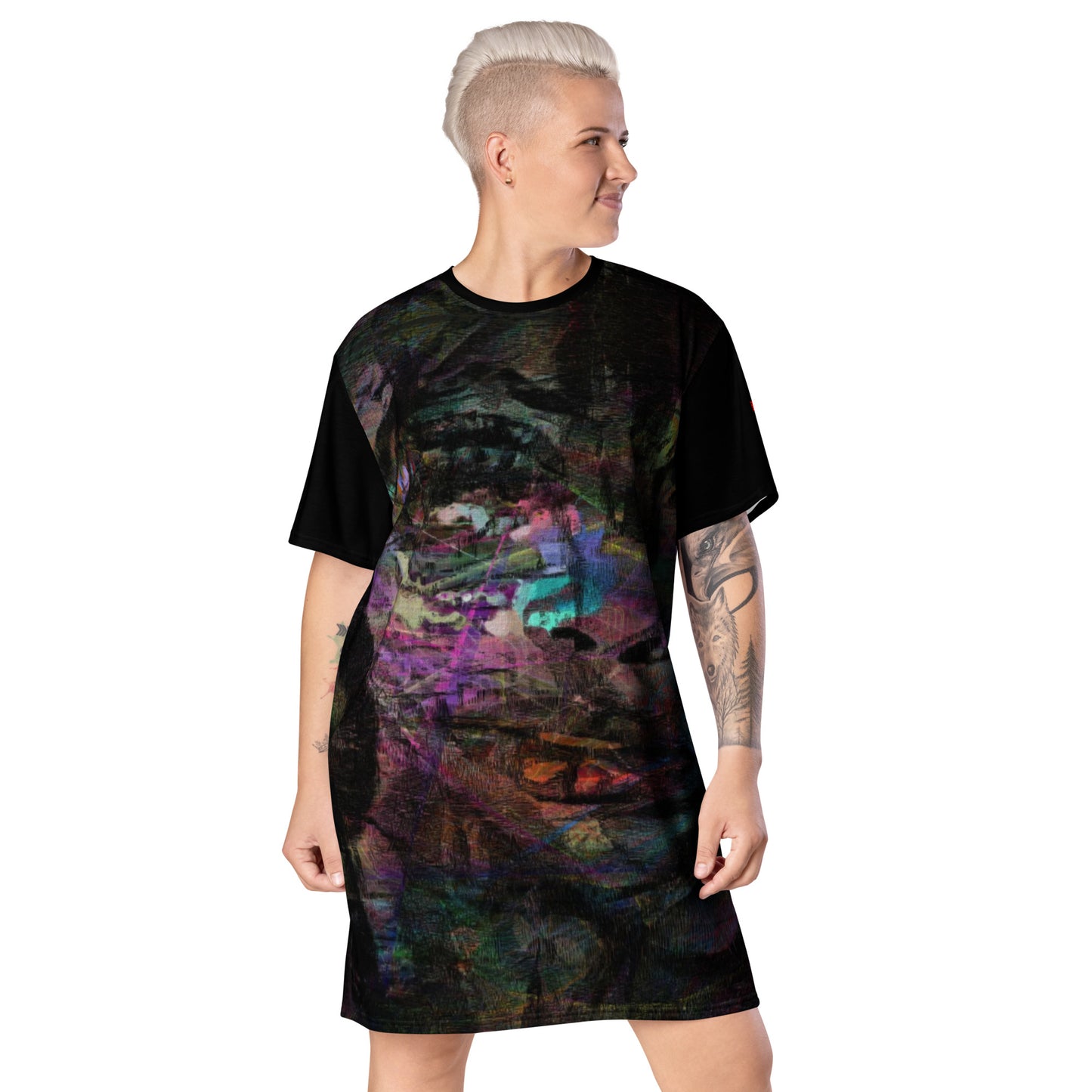 Hipyfi Chromatic Dreams T-Shirt Dress’s abstract graphic print, for the Bold & Conscious Woman. front-2