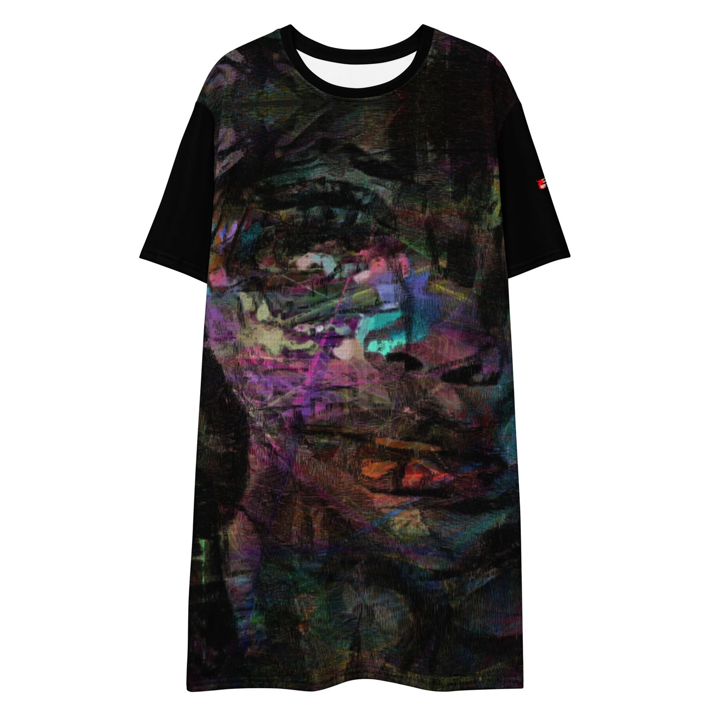 Hipyfi Chromatic Dreams T-Shirt Dress’s abstract graphic print, for the Bold & Conscious Woman. front-4