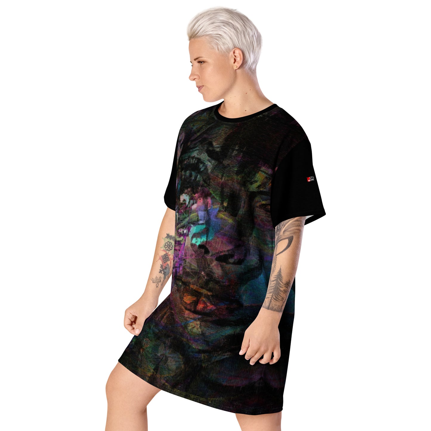 Hipyfi Chromatic Dreams T-Shirt Dress’s abstract graphic print, for the Bold & Conscious Woman. left-front-2