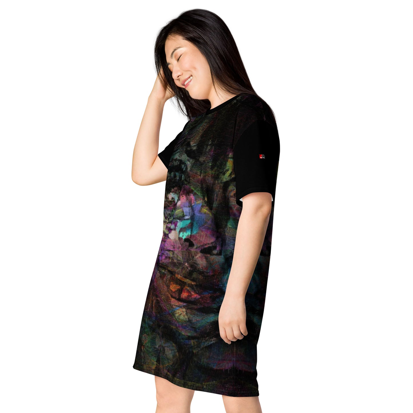 Hipyfi Chromatic Dreams T-Shirt Dress’s abstract graphic print, for the Bold & Conscious Woman. left-front-3