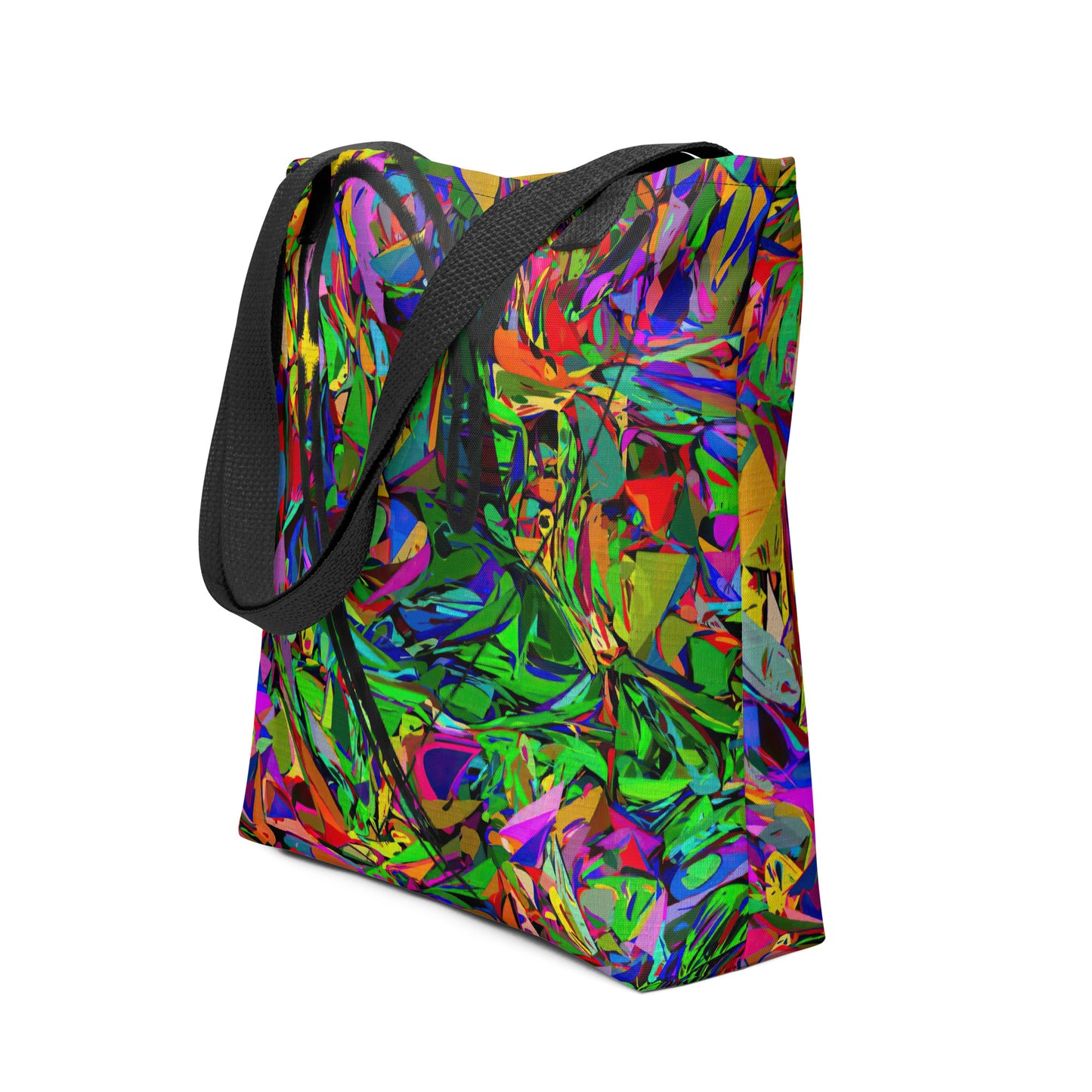 Neon Mythos abstract canvas tote bag with vibrant street art print by Hipyfi Clothes & Design, unisex and eco-friendly. Black-front-5