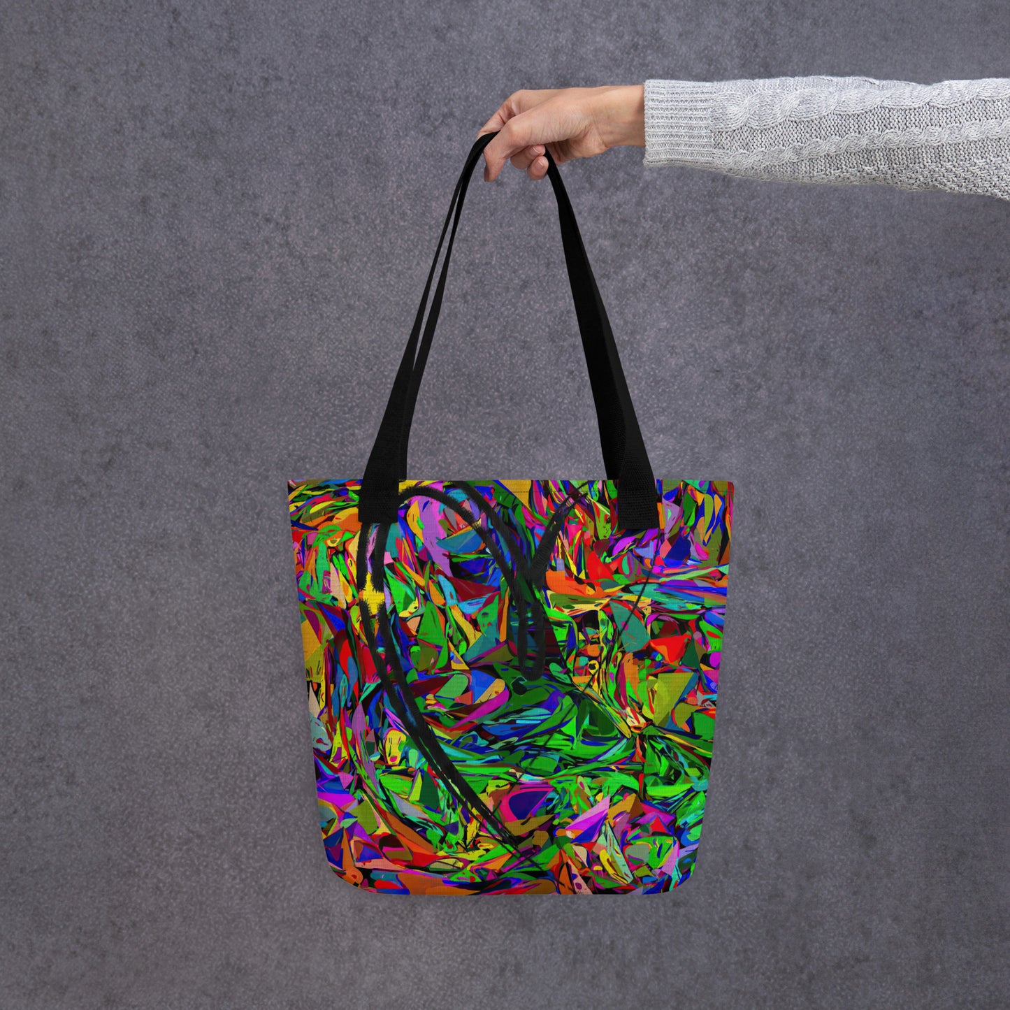 Neon Mythos abstract canvas tote bag with vibrant street art print by Hipyfi Clothes & Design, unisex and eco-friendly. Black-front-2