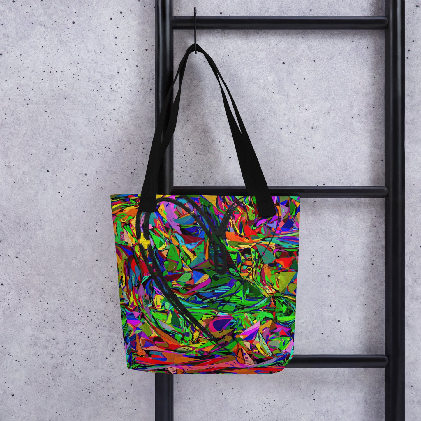 Neon Mythos abstract canvas tote bag with vibrant street art print by Hipyfi Clothes & Design, unisex and eco-friendly. Black-front-3