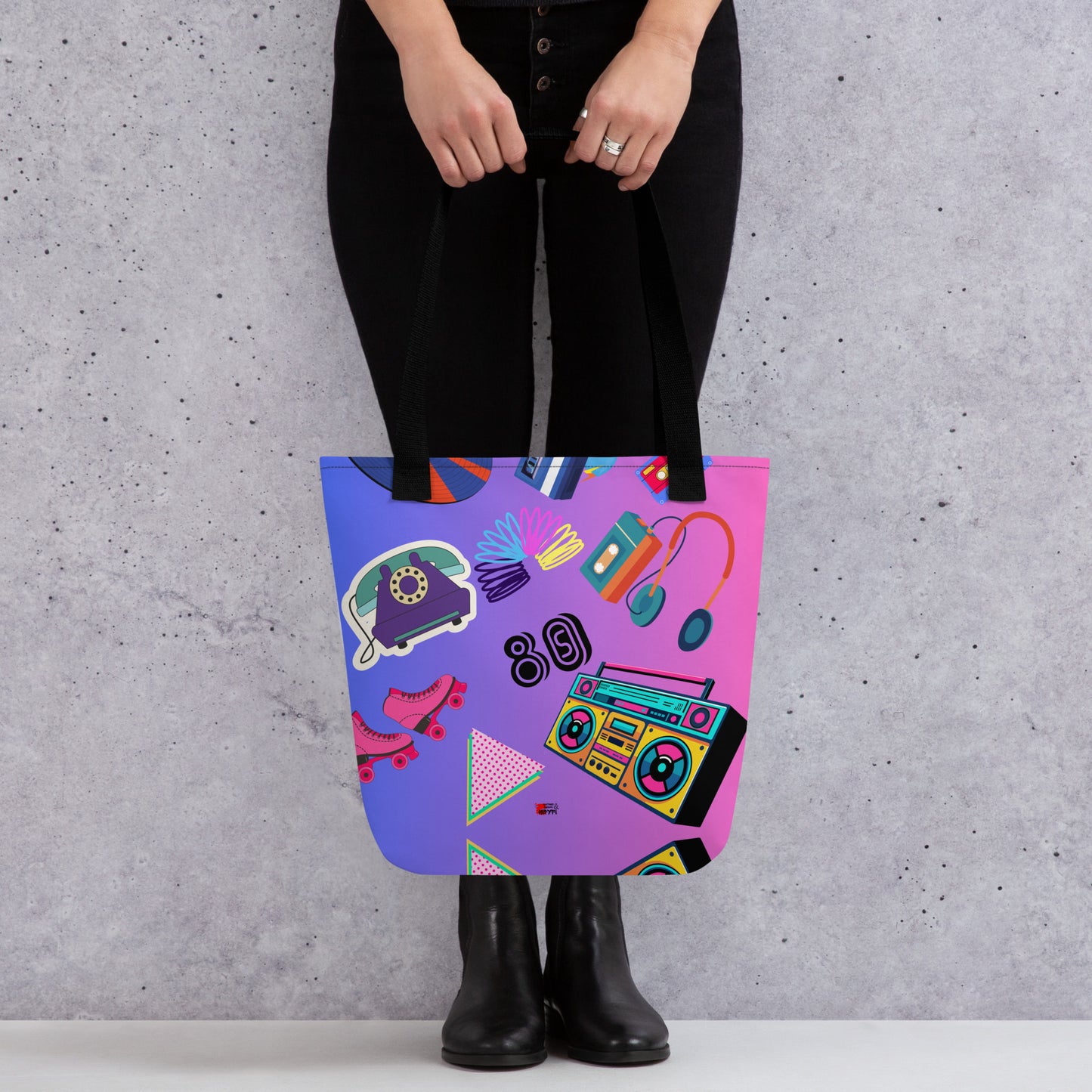 Hipyfi 80s Retro Neon Pop Tote Bag featuring vibrant geometric design and cassette tape icons, eco-friendly, with durable cotton denim handles. Black-front-2
