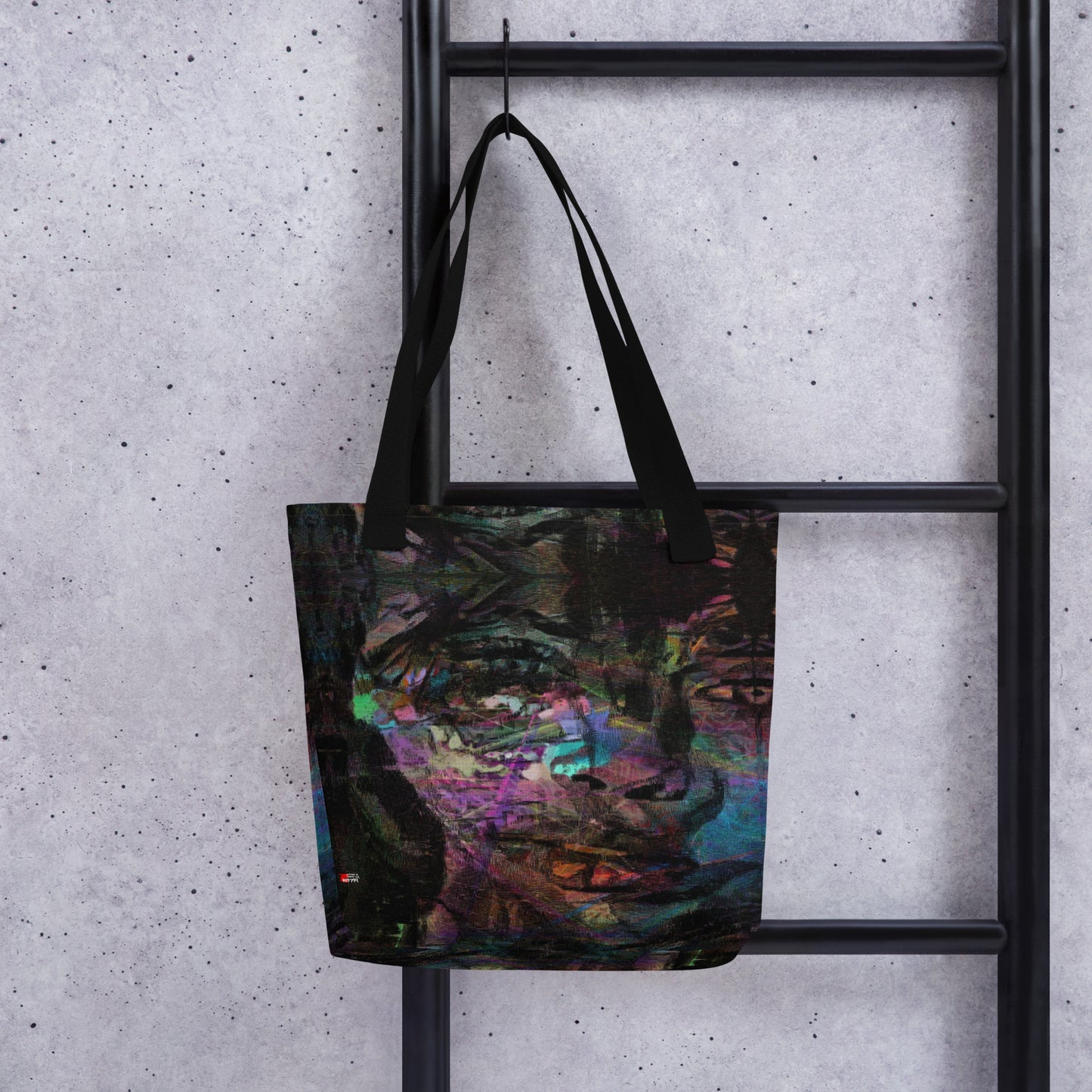 Hipyfi Chromatic Dreams Tote Bag: Vibrant abstract art unisex tote with bold brushstrokes in purple, blue, and orange. Sustainably made, gender-neutral design for everyday style. Black front-2