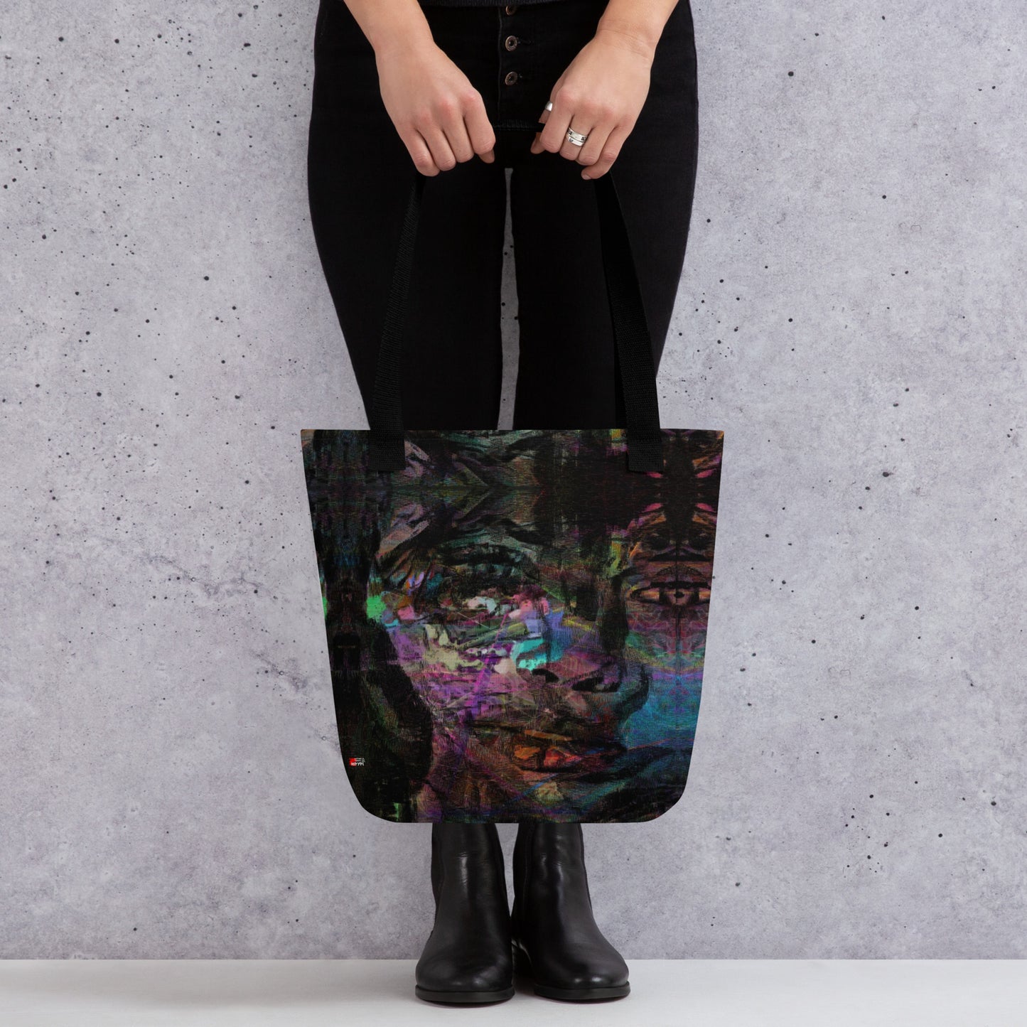 Hipyfi Chromatic Dreams Tote Bag: Vibrant abstract art unisex tote with bold brushstrokes in purple, blue, and orange. Sustainably made, gender-neutral design for everyday style. Black front-3