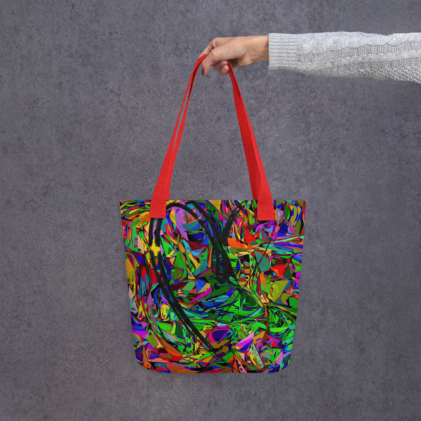 Neon Mythos abstract canvas tote bag with vibrant street art print by Hipyfi Clothes & Design, unisex and eco-friendly. Red-front-3
