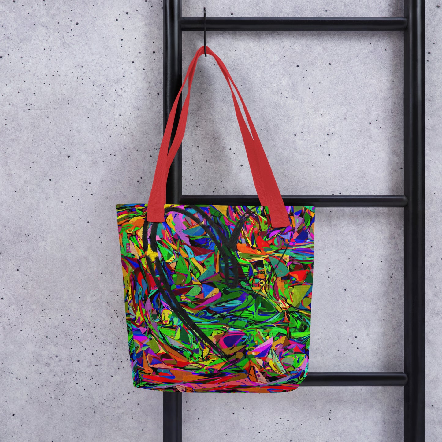 Neon Mythos abstract canvas tote bag with vibrant street art print by Hipyfi Clothes & Design, unisex and eco-friendly. Red-front-2