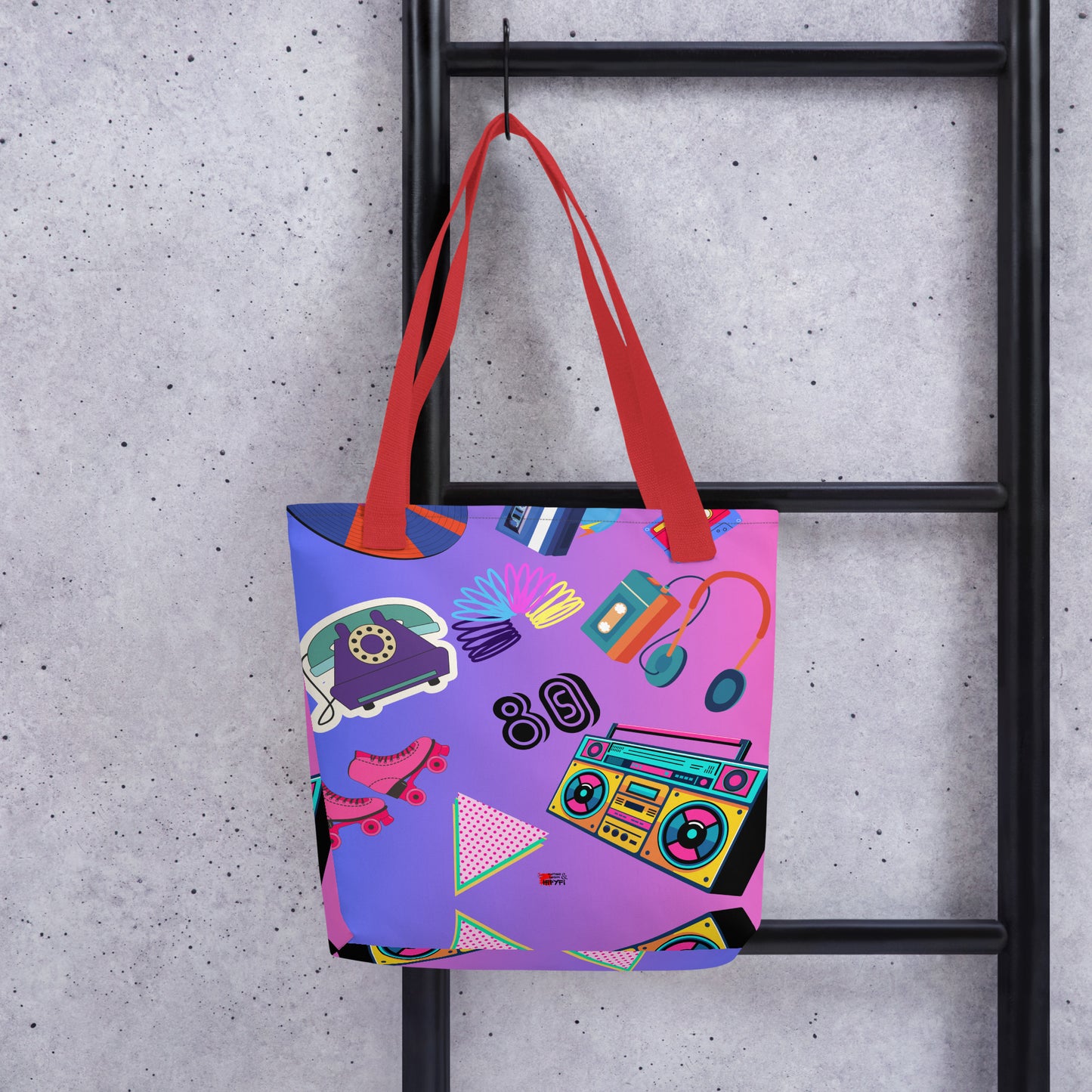 Hipyfi 80s Retro Neon Pop Tote Bag featuring vibrant geometric design and cassette tape icons, eco-friendly, with durable cotton denim handles. Red-front-2