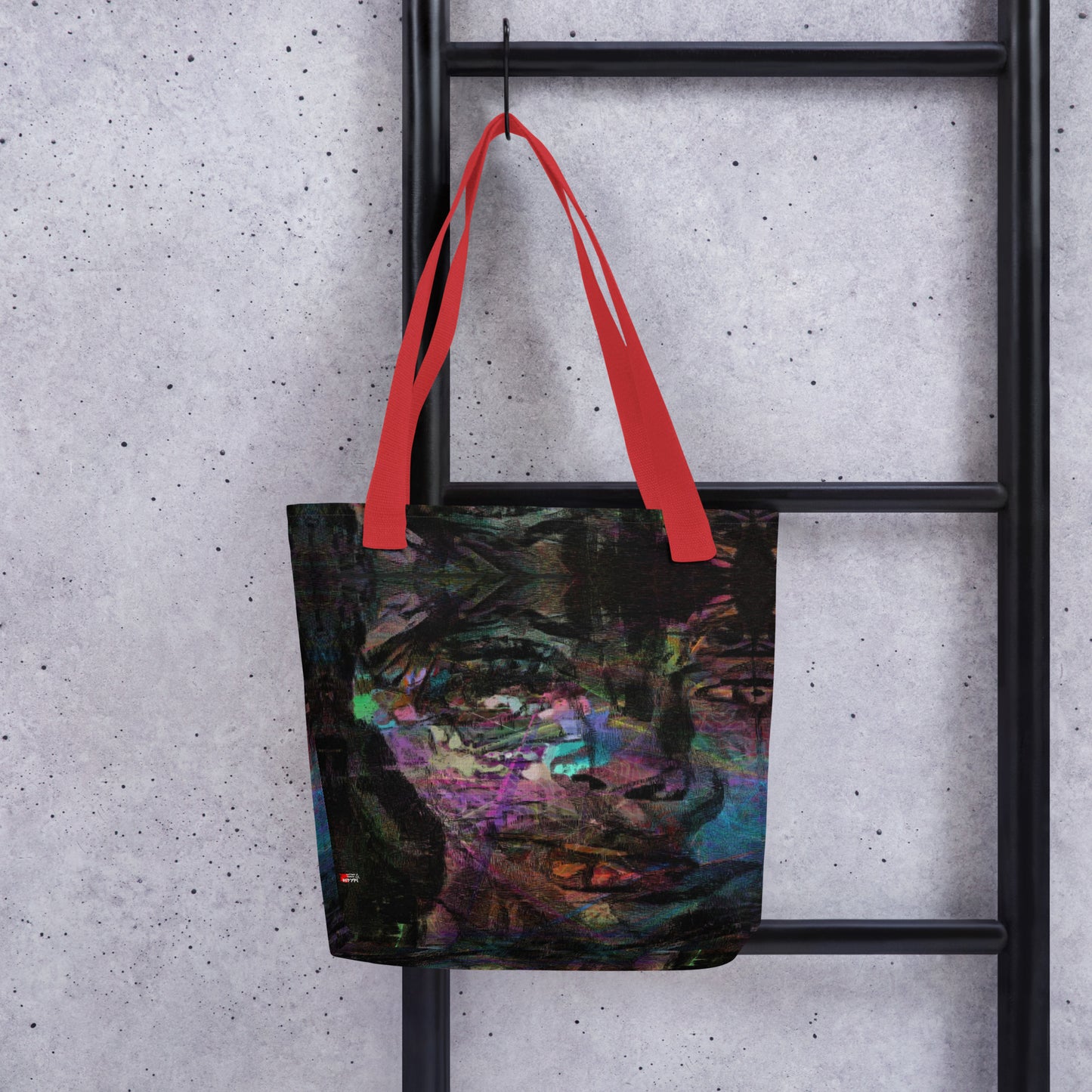 Hipyfi Chromatic Dreams Tote Bag: Vibrant abstract art unisex tote with bold brushstrokes in purple, blue, and orange. Sustainably made, gender-neutral design for everyday style. Red front-2