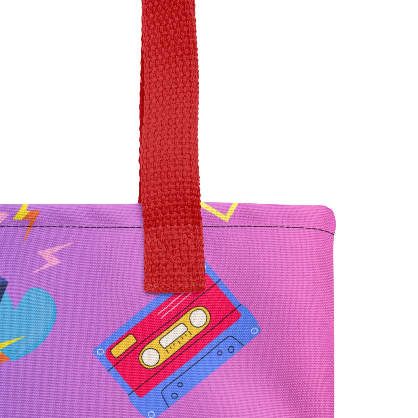 Hipyfi 80s Retro Neon Pop Tote Bag featuring vibrant geometric design and cassette tape icons, eco-friendly, with durable cotton denim handles. red-15x15-product-details