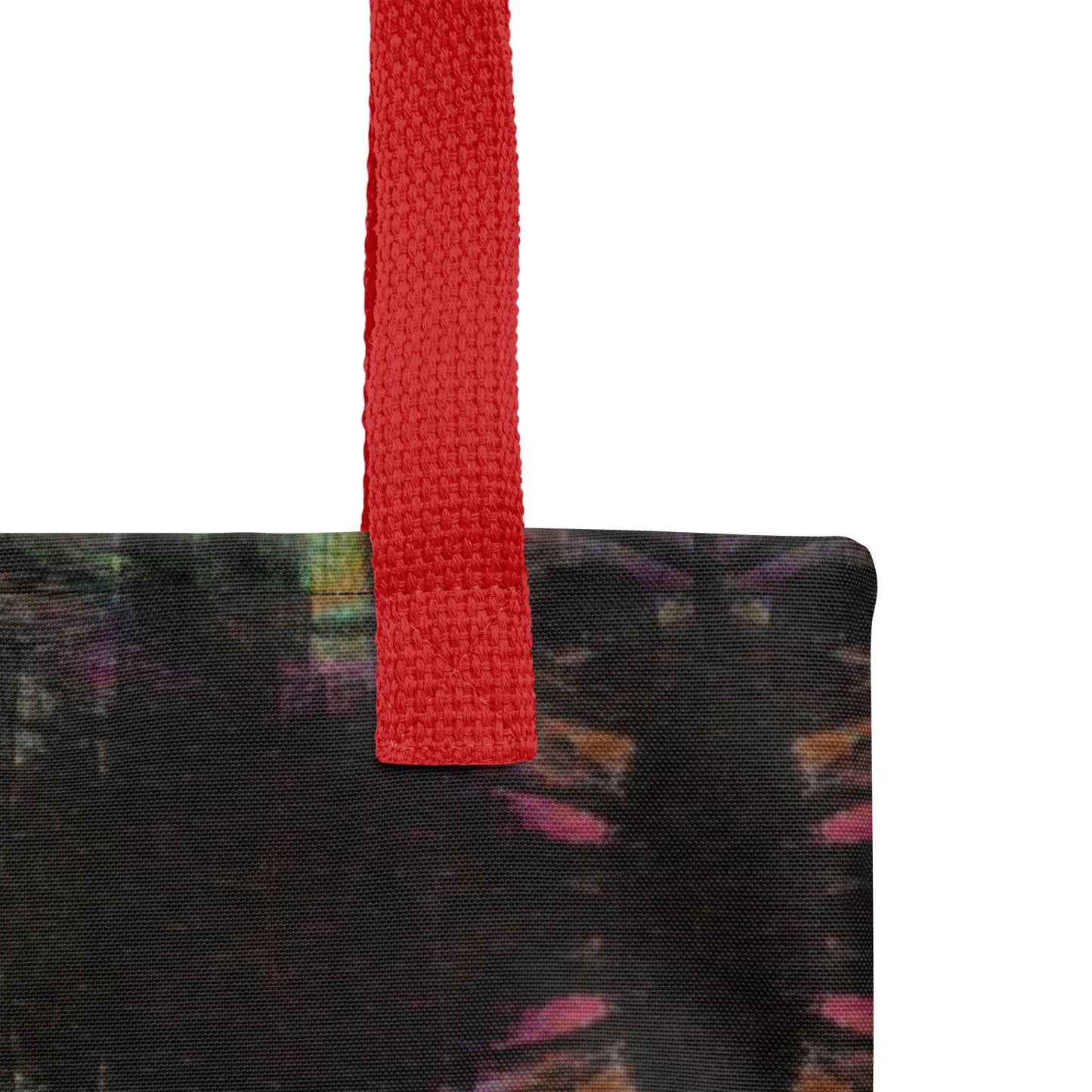 Hipyfi Chromatic Dreams Tote Bag: Vibrant abstract art unisex tote with bold brushstrokes in purple, blue, and orange. Sustainably made, gender-neutral design for everyday style. Red product-details