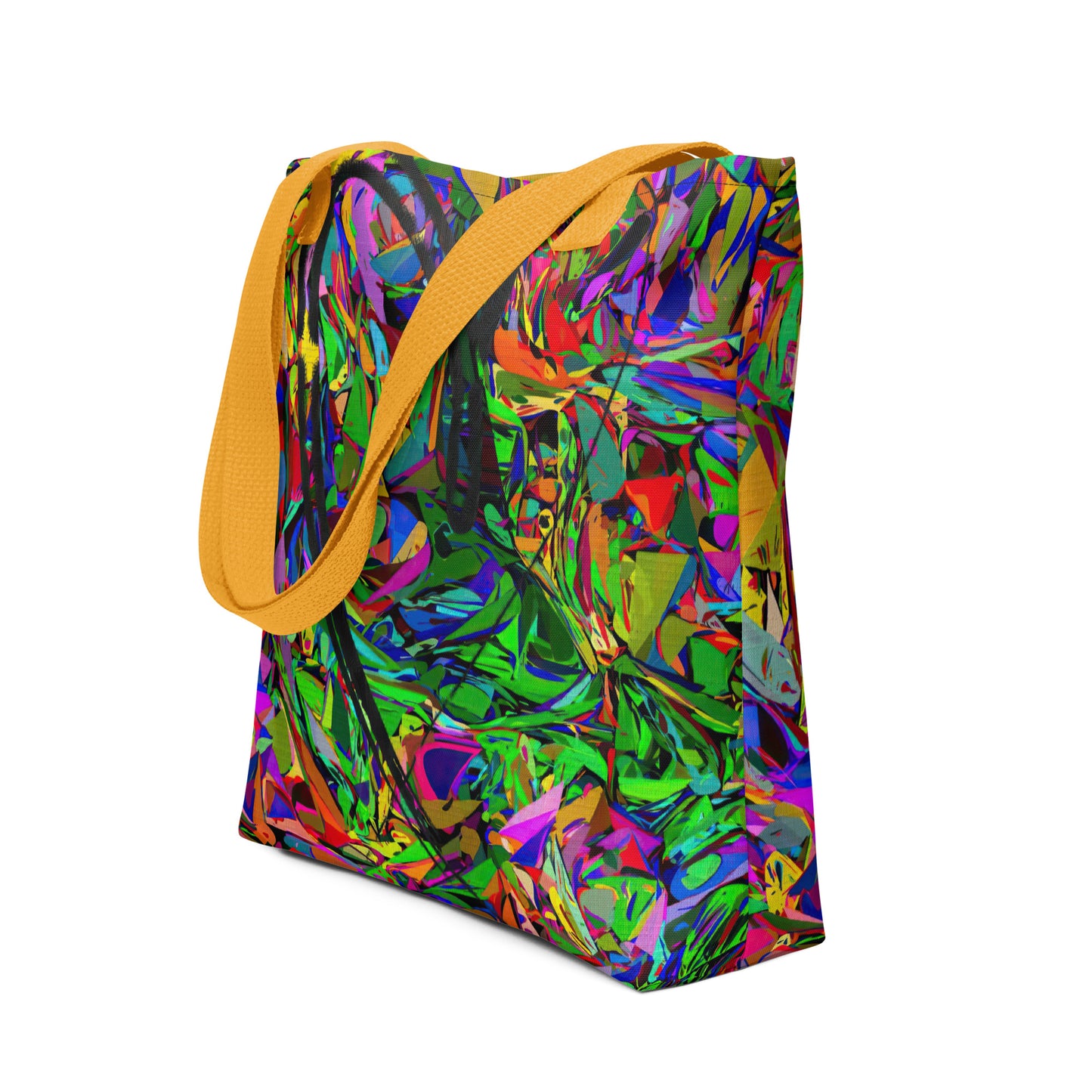 Neon Mythos abstract canvas tote bag with vibrant street art print by Hipyfi Clothes & Design, unisex and eco-friendly. Yellow-front-5