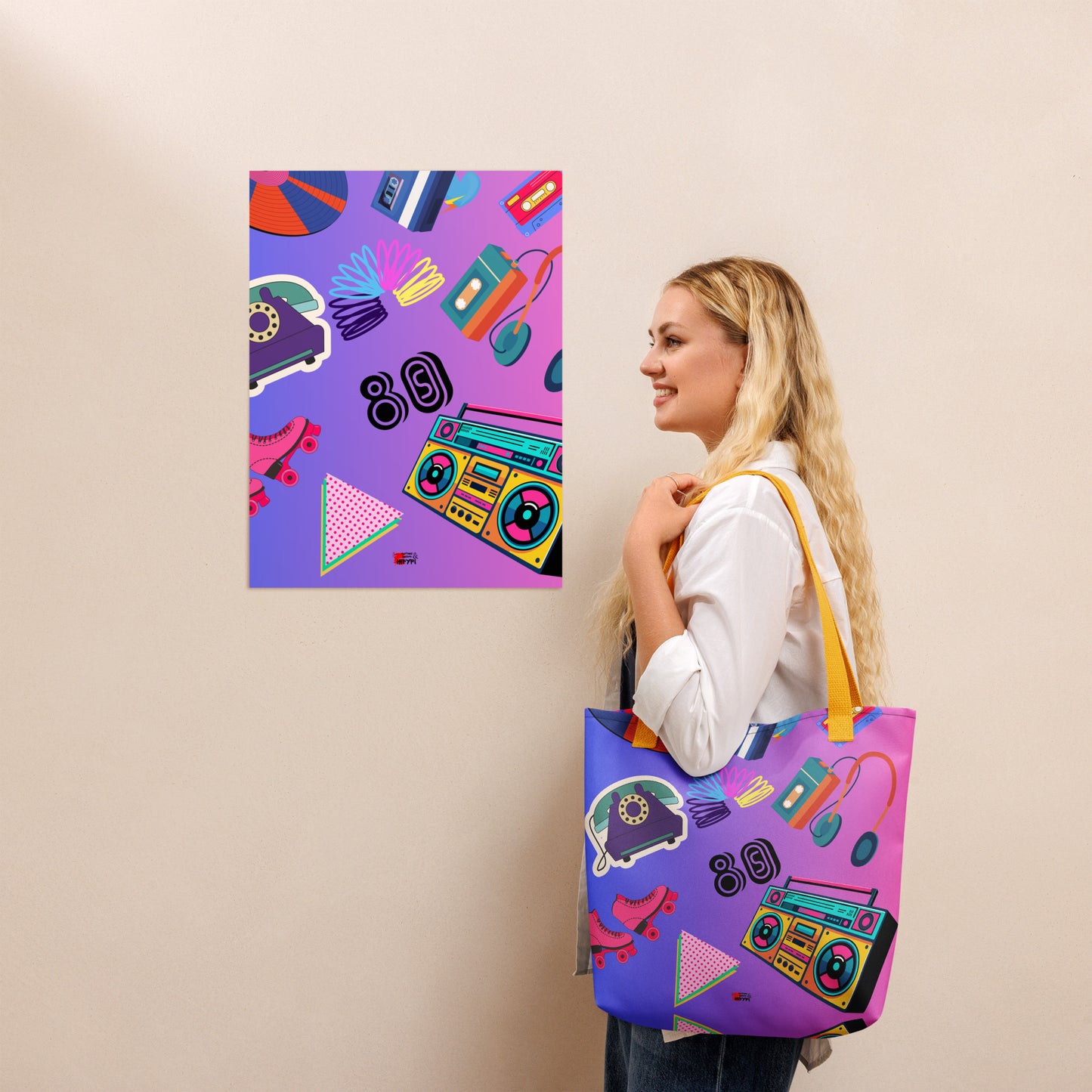 Hipyfi 80s Retro Neon Pop Tote Bag featuring vibrant geometric design and cassette tape icons, eco-friendly, with durable cotton denim handles. Yellow-front