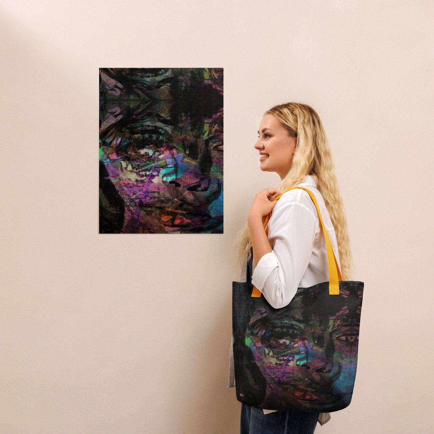 Hipyfi Chromatic Dreams Tote Bag: Vibrant abstract art unisex tote with bold brushstrokes in purple, blue, and orange. Sustainably made, gender-neutral design for everyday style. Yellow front