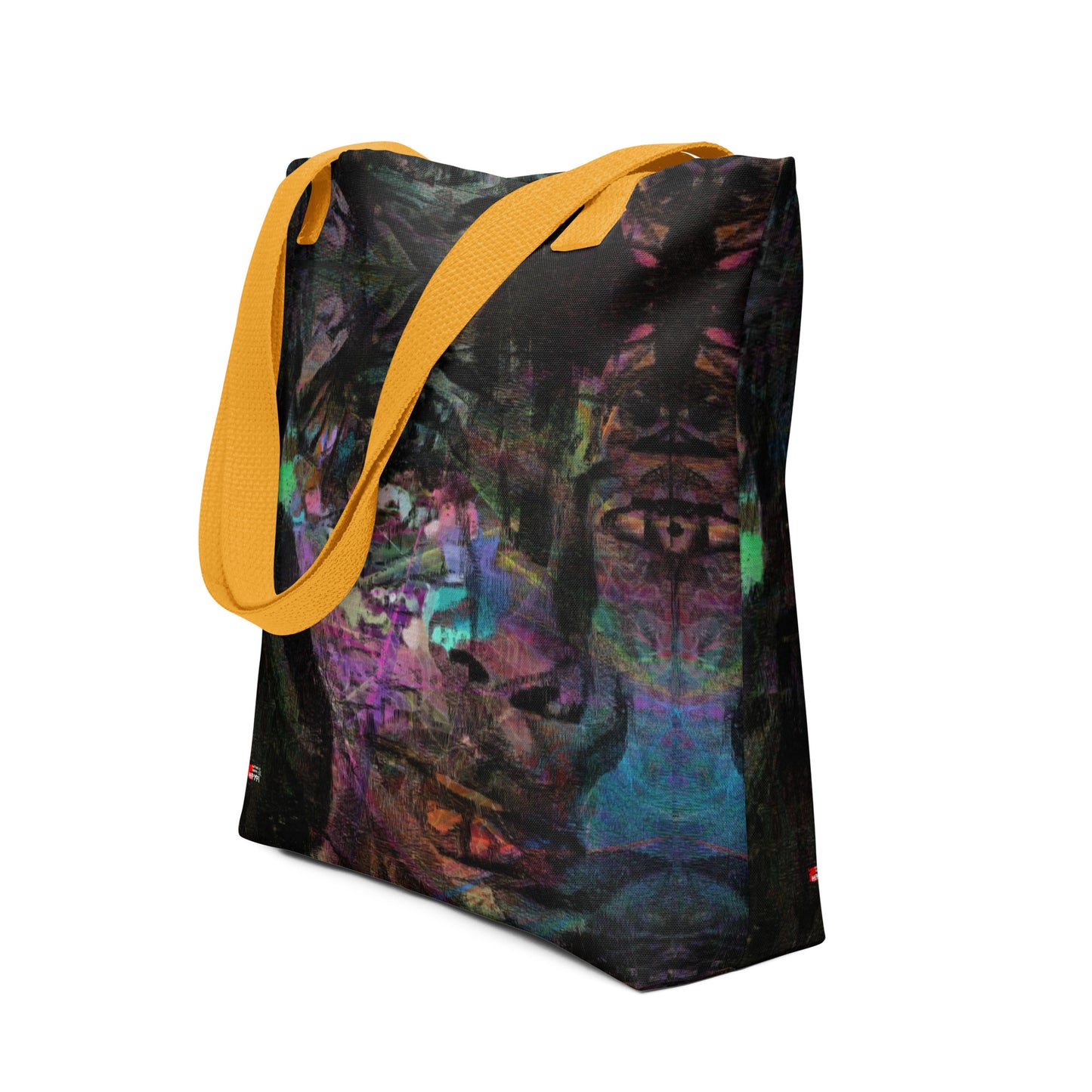 Hipyfi Chromatic Dreams Tote Bag: Vibrant abstract art unisex tote with bold brushstrokes in purple, blue, and orange. Sustainably made, gender-neutral design for everyday style. Yellow front-4