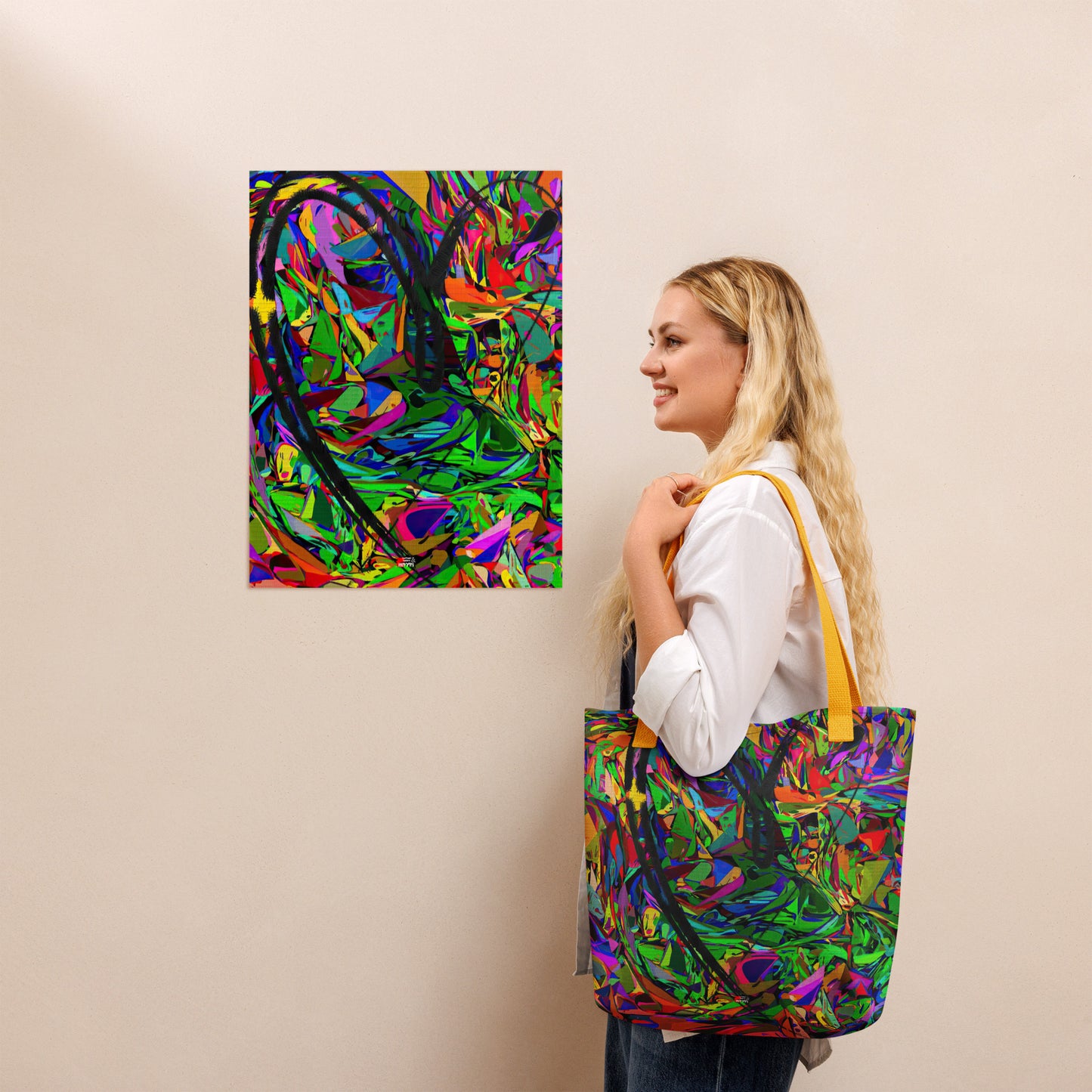 Neon Mythos abstract canvas tote bag with vibrant street art print by Hipyfi Clothes & Design, unisex and eco-friendly. Yellow-front-4
