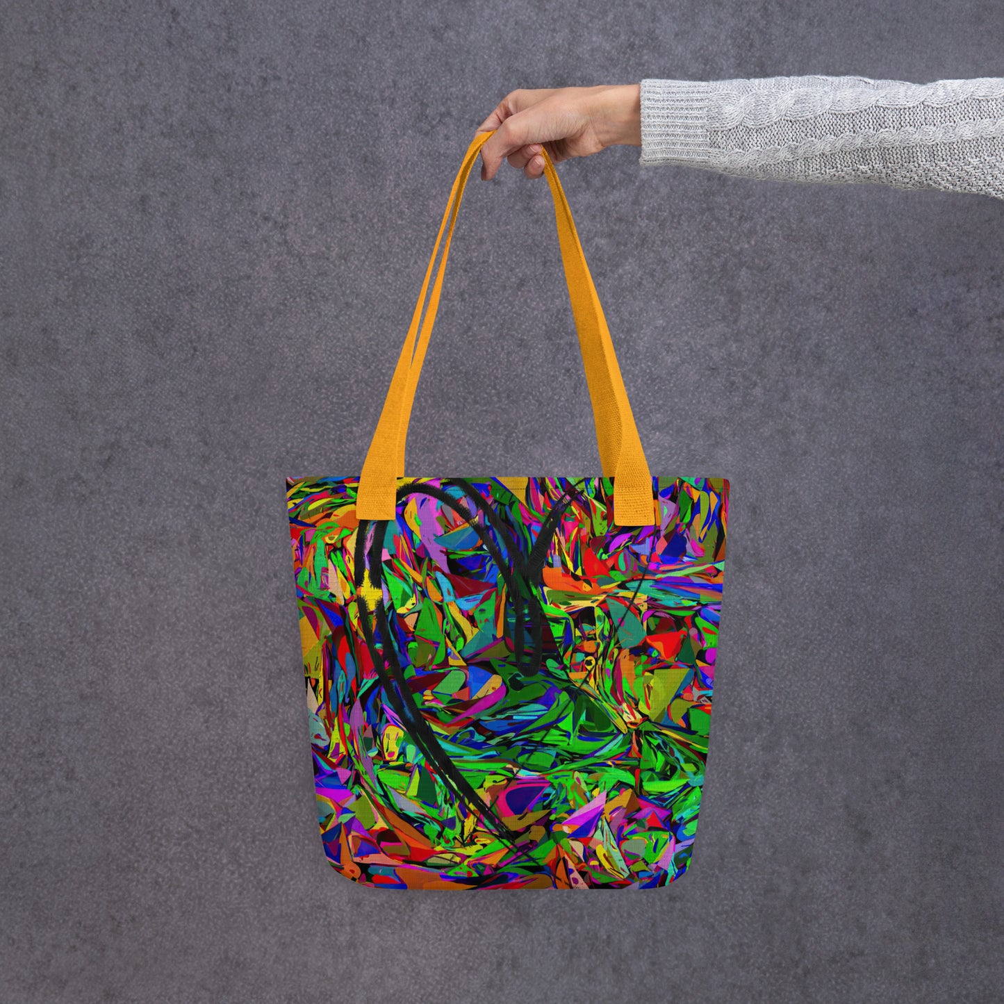 Neon Mythos abstract canvas tote bag with vibrant street art print by Hipyfi Clothes & Design, unisex and eco-friendly. Yellow-front