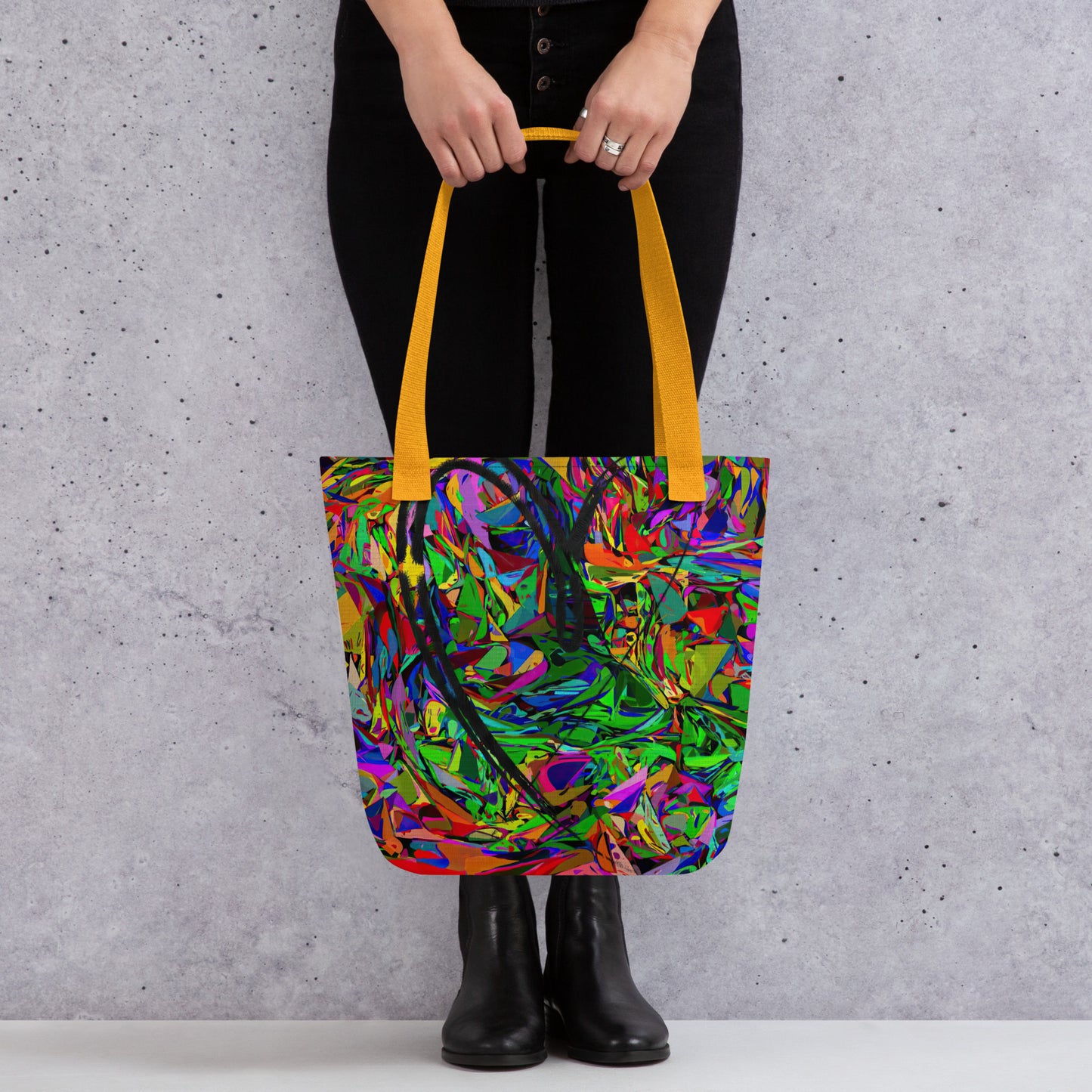 Neon Mythos abstract canvas tote bag with vibrant street art print by Hipyfi Clothes & Design, unisex and eco-friendly. Yellow-front-3
