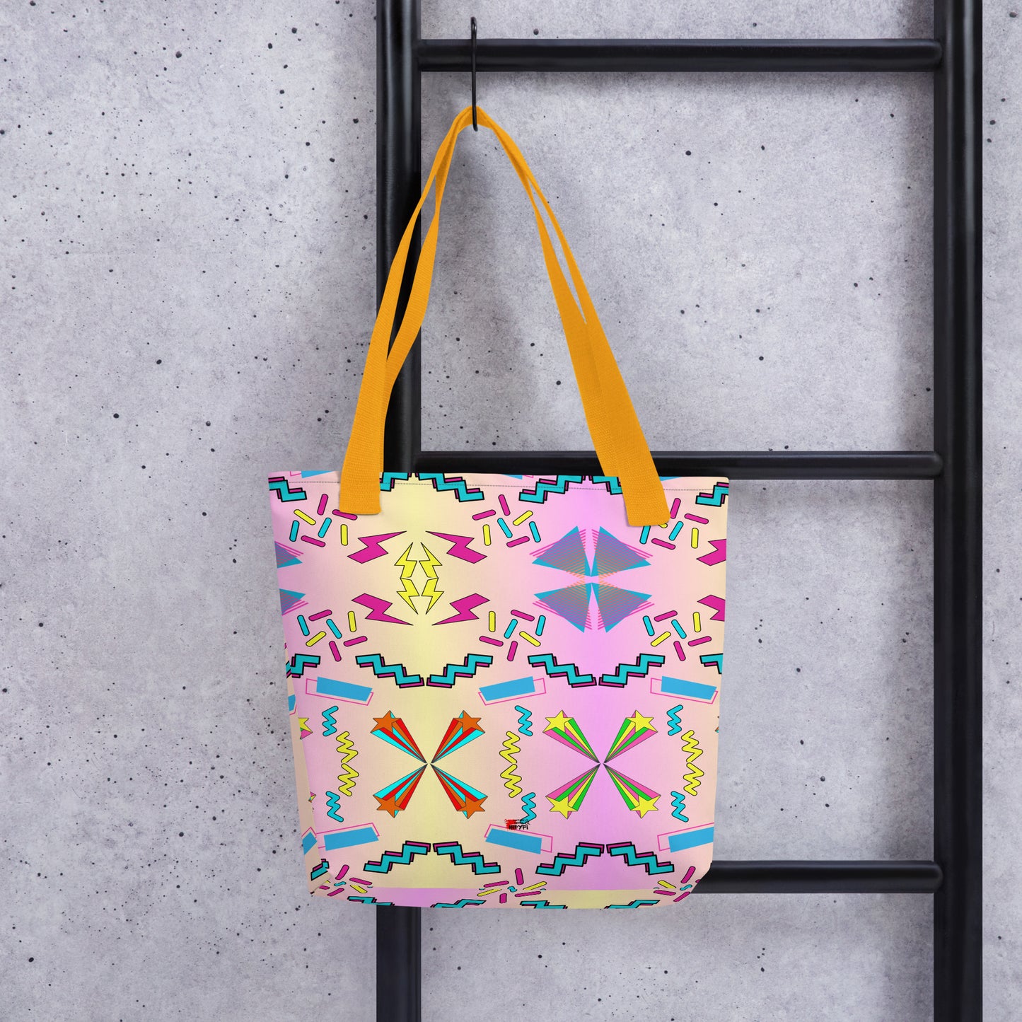 Hipyfi Memphis Style 80s Tote Bag - Geometric Retro Design with vibrant pastel gradient and bold abstract patterns Yellow-Front-2