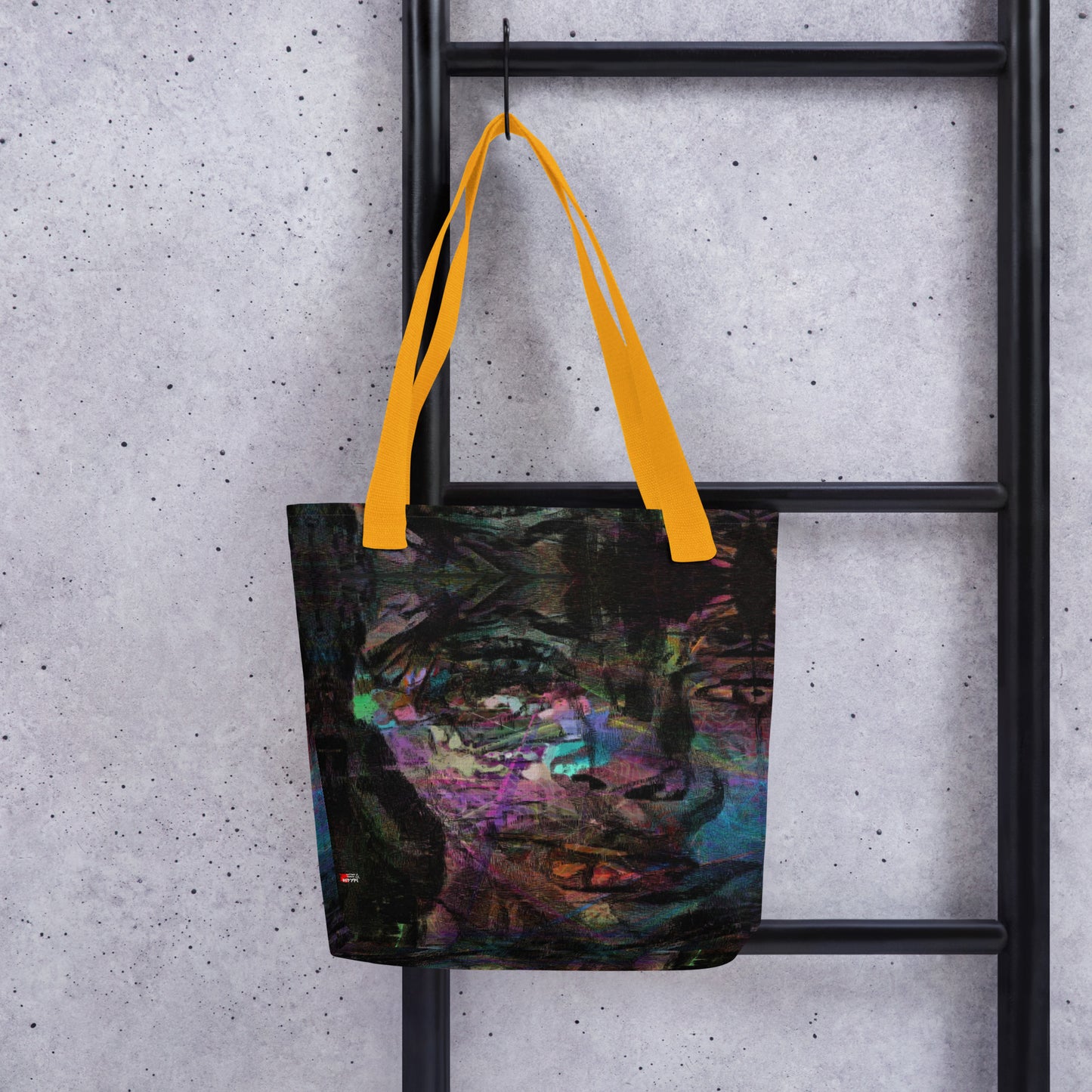 Hipyfi Chromatic Dreams Tote Bag: Vibrant abstract art unisex tote with bold brushstrokes in purple, blue, and orange. Sustainably made, gender-neutral design for everyday style. Yellow front-2