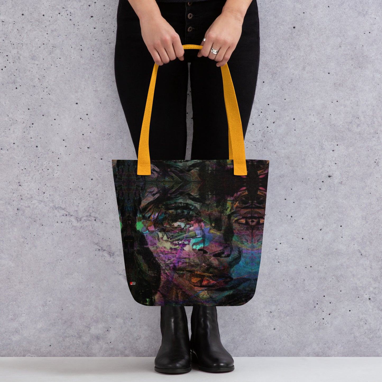 Hipyfi Chromatic Dreams Tote Bag: Vibrant abstract art unisex tote with bold brushstrokes in purple, blue, and orange. Sustainably made, gender-neutral design for everyday style. Yellow front-3