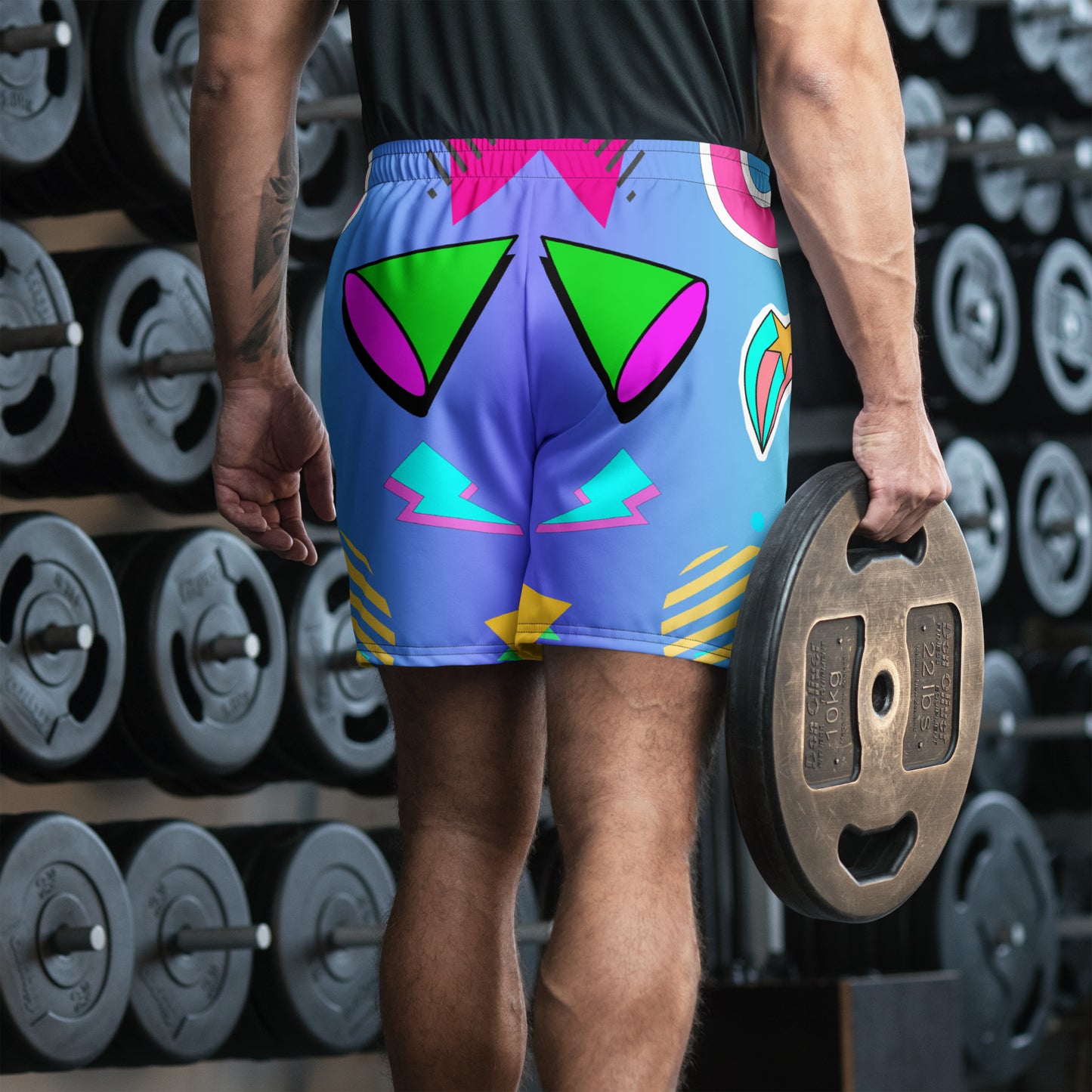 Hipyfi Unisex Retro Neon Gym Shorts – Colorful Memphis Style Athletic Wear.