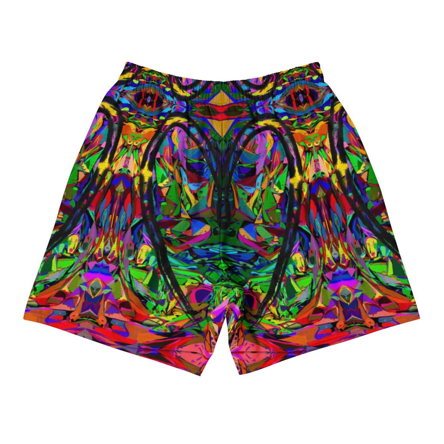 Unisex recycled athletic long shorts with vibrant abstract print – Neon Mythos design by Hipyfi Clothes & Design Back-4