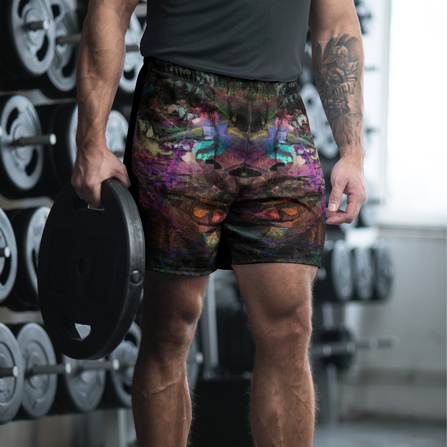 Hipyfi Chromatic Dreams Unisex Long Shorts featuring a vibrant abstract design – eco-friendly and breathable athletic wear. Front-2