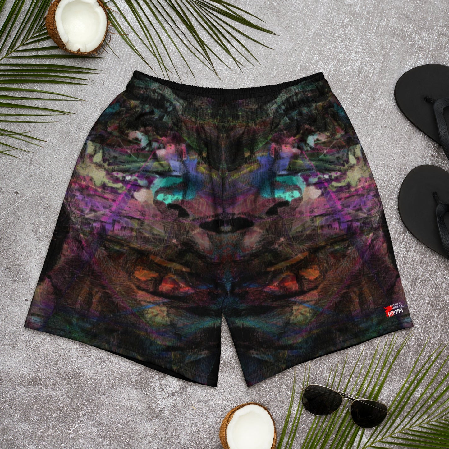 Hipyfi Chromatic Dreams Unisex Long Shorts featuring a vibrant abstract design – eco-friendly and breathable athletic wear. Front-3