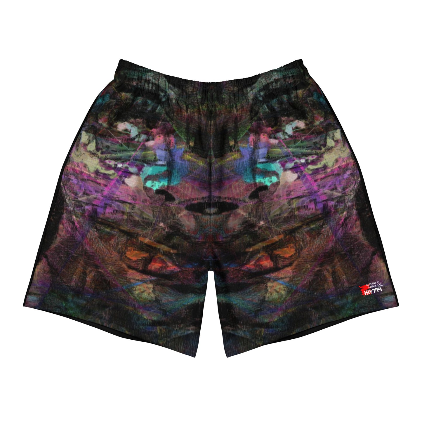 Hipyfi Chromatic Dreams Unisex Long Shorts featuring a vibrant abstract design – eco-friendly and breathable athletic wear. Front-4