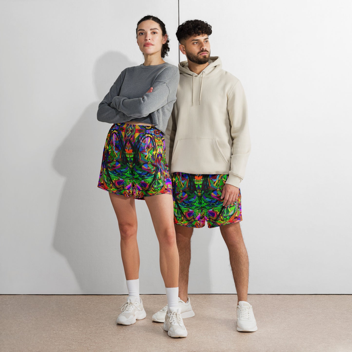 Unisex recycled athletic long shorts with vibrant abstract print – Neon Mythos design by Hipyfi Clothes & Design Front
