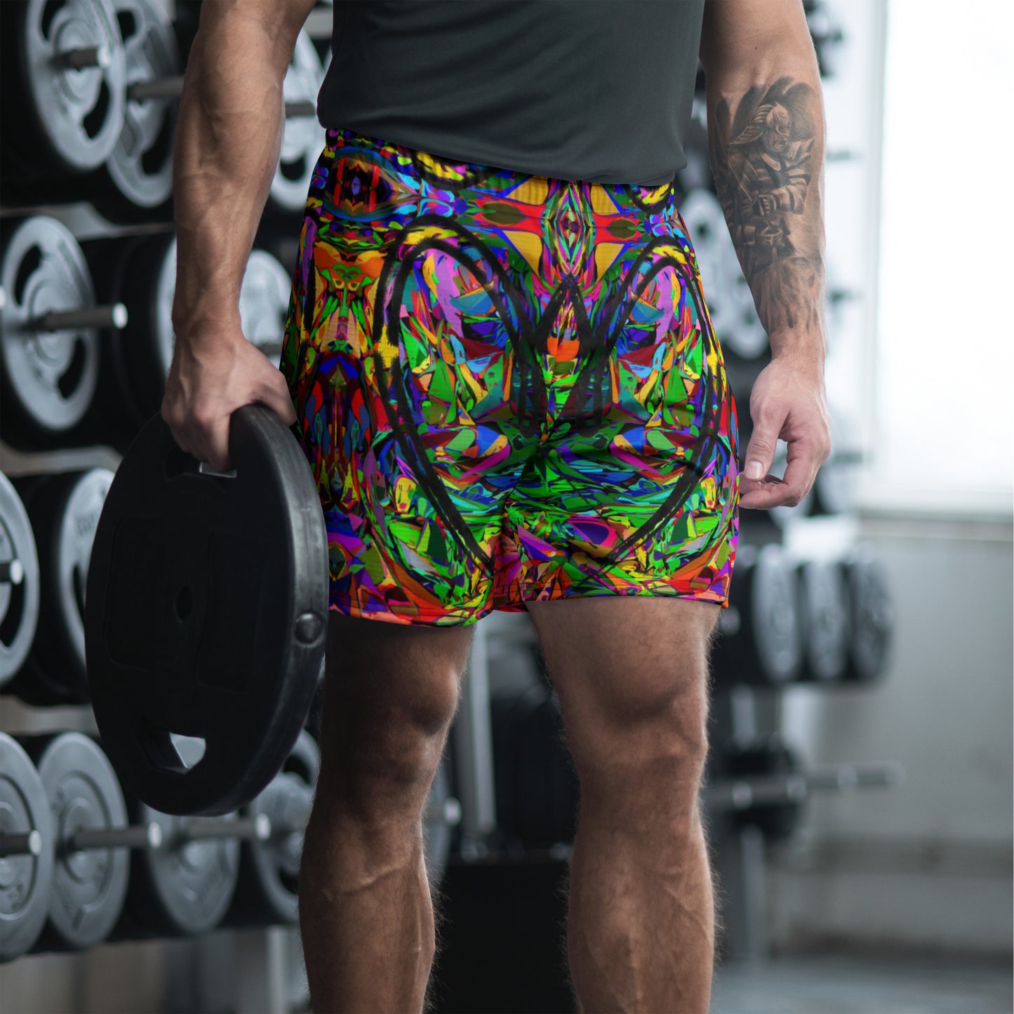 Unisex recycled athletic long shorts with vibrant abstract print – Neon Mythos design by Hipyfi Clothes & Design Front-2