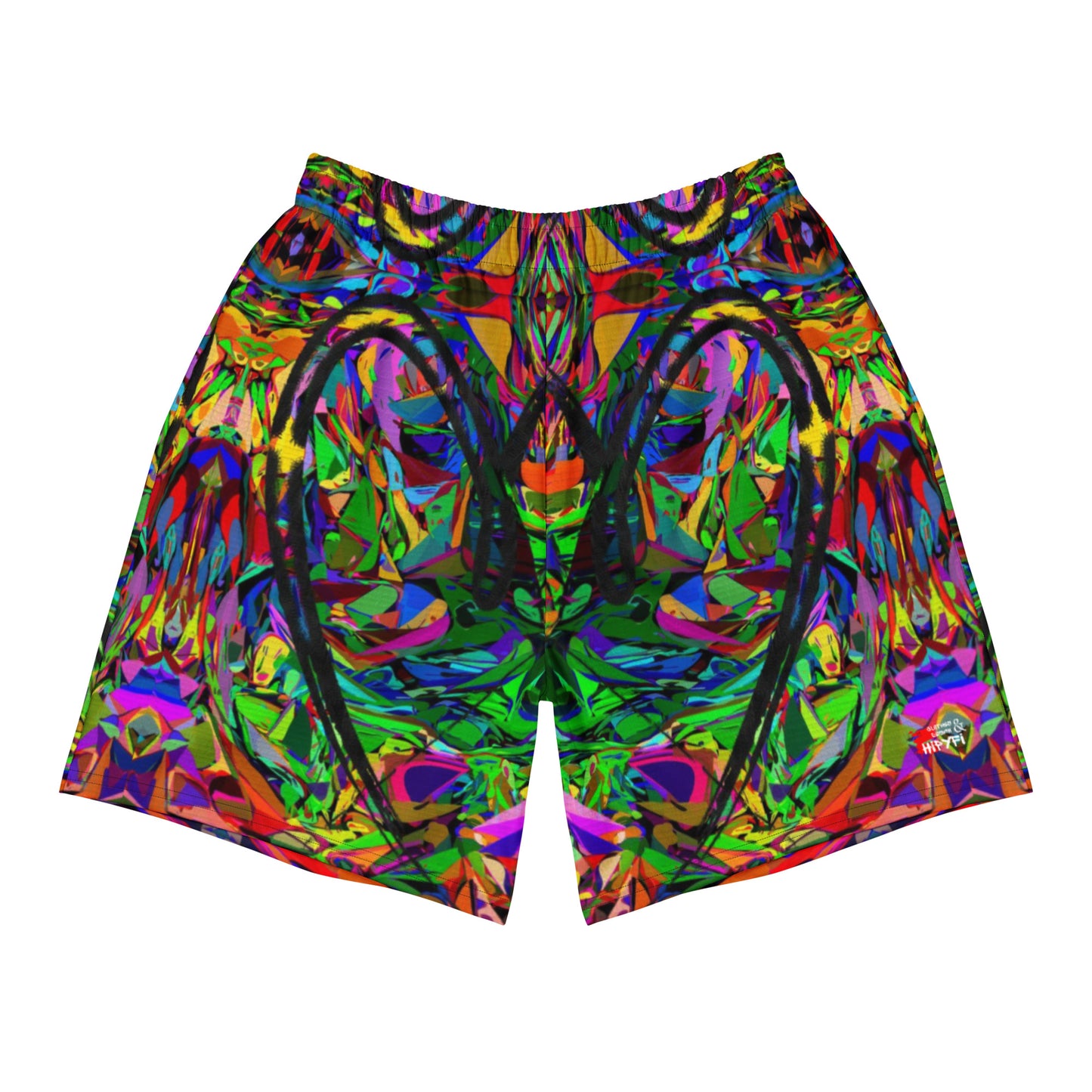 Unisex recycled athletic long shorts with vibrant abstract print – Neon Mythos design by Hipyfi Clothes & Design Front-4