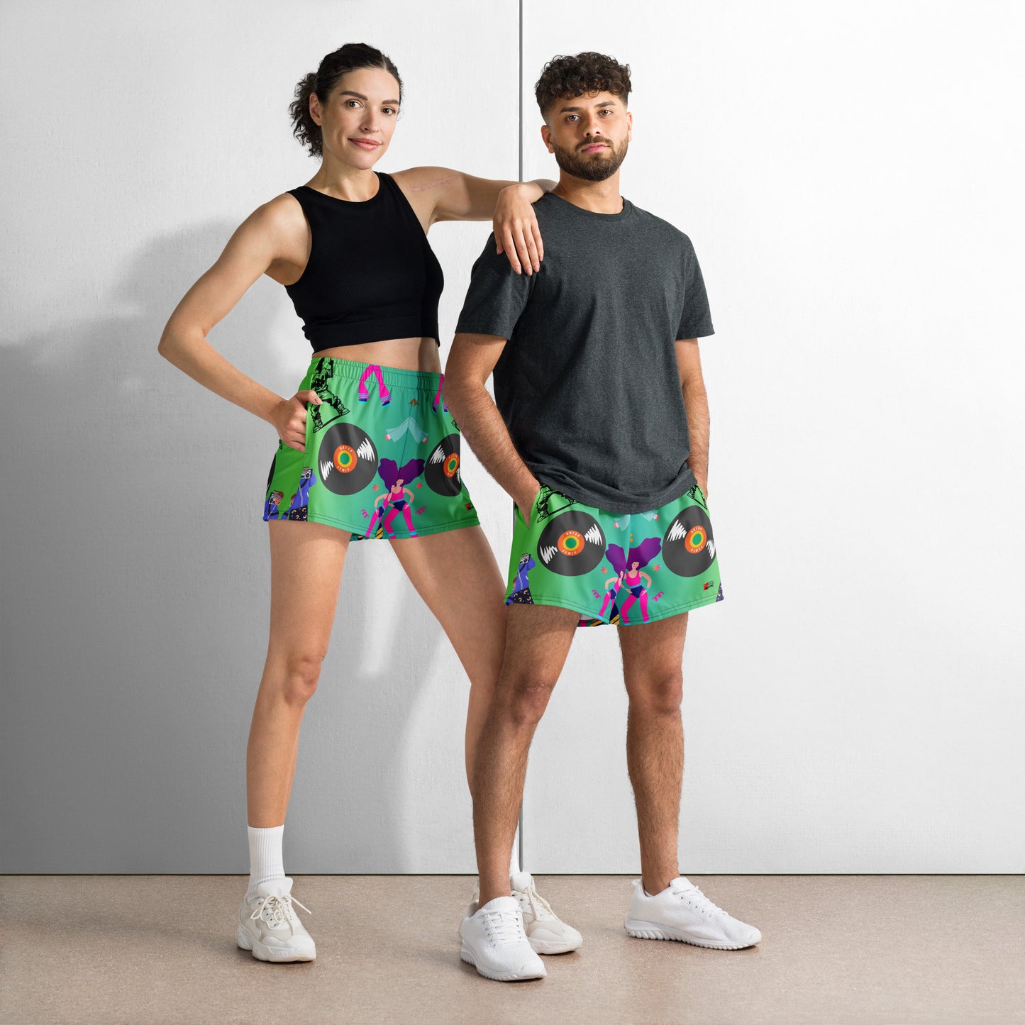 Hipyfi 80s Neon Workout Shorts – Unisex retro athletic shorts with vibrant 1980s dancewear design. front-2